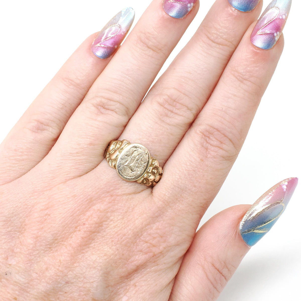 Edwardian Signet Ring - Antique 10k Yellow Gold Old English Initial "L" Engraved - Circa 1910's Era Size 6 3/4 Fine Flower Repousse Jewelry