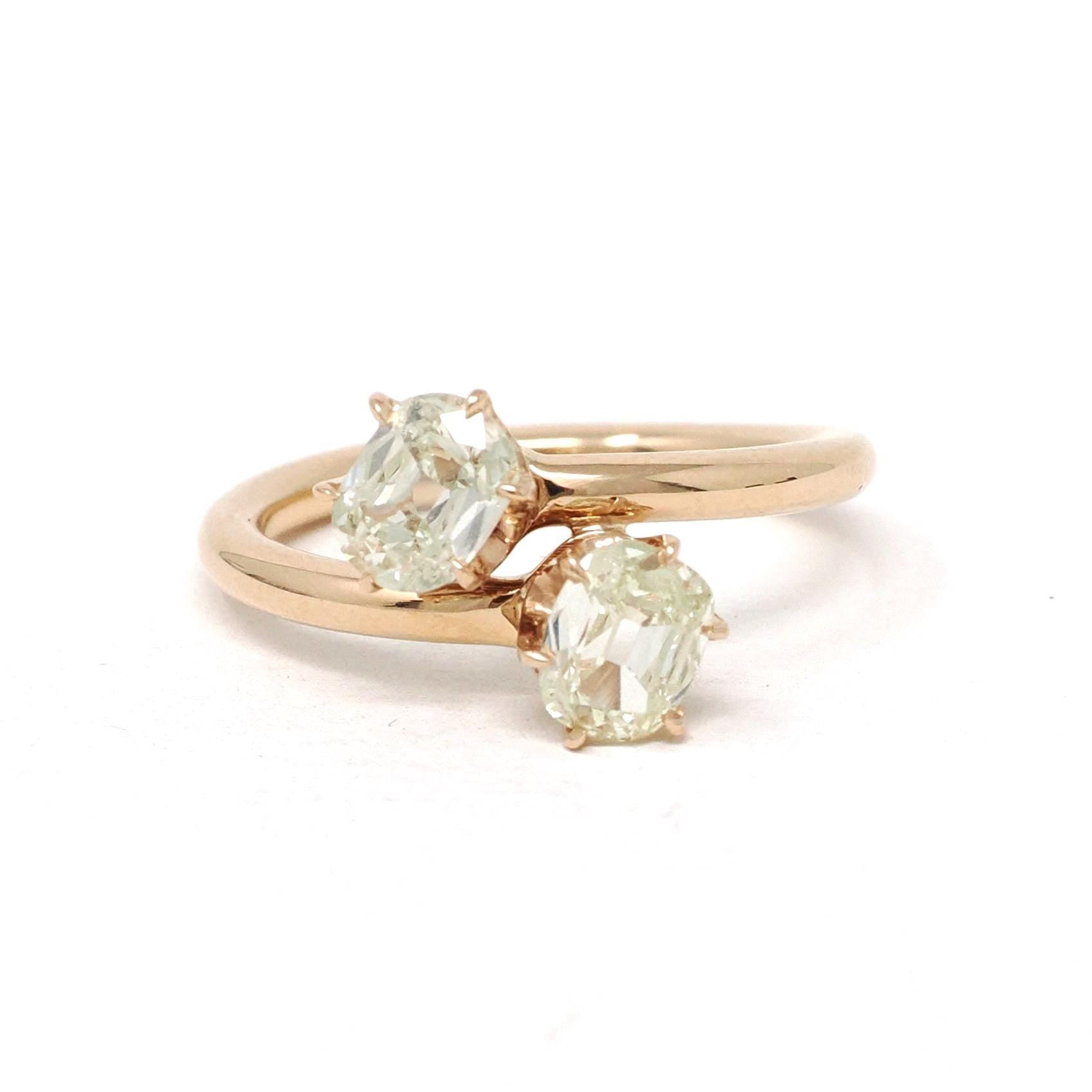 Diamond Toi Et Moi Ring - Edwardian Era 14k Rosy Yellow Gold .81 CTW Old Mine Cut Bypass Band - Size 6 3/4 Fine Bridal Engagement Jewelry