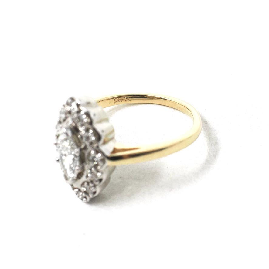 Diamond Shield Ring - Mid Century 14k Yellow & White Gold .64 CT Marquise Brilliant - Circa 1960s Era Size 6 3/4 Navette Bridal Fine Jewelry