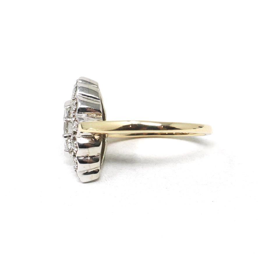Diamond Shield Ring - Mid Century 14k Yellow & White Gold .64 CT Marquise Brilliant - Circa 1960s Era Size 6 3/4 Navette Bridal Fine Jewelry