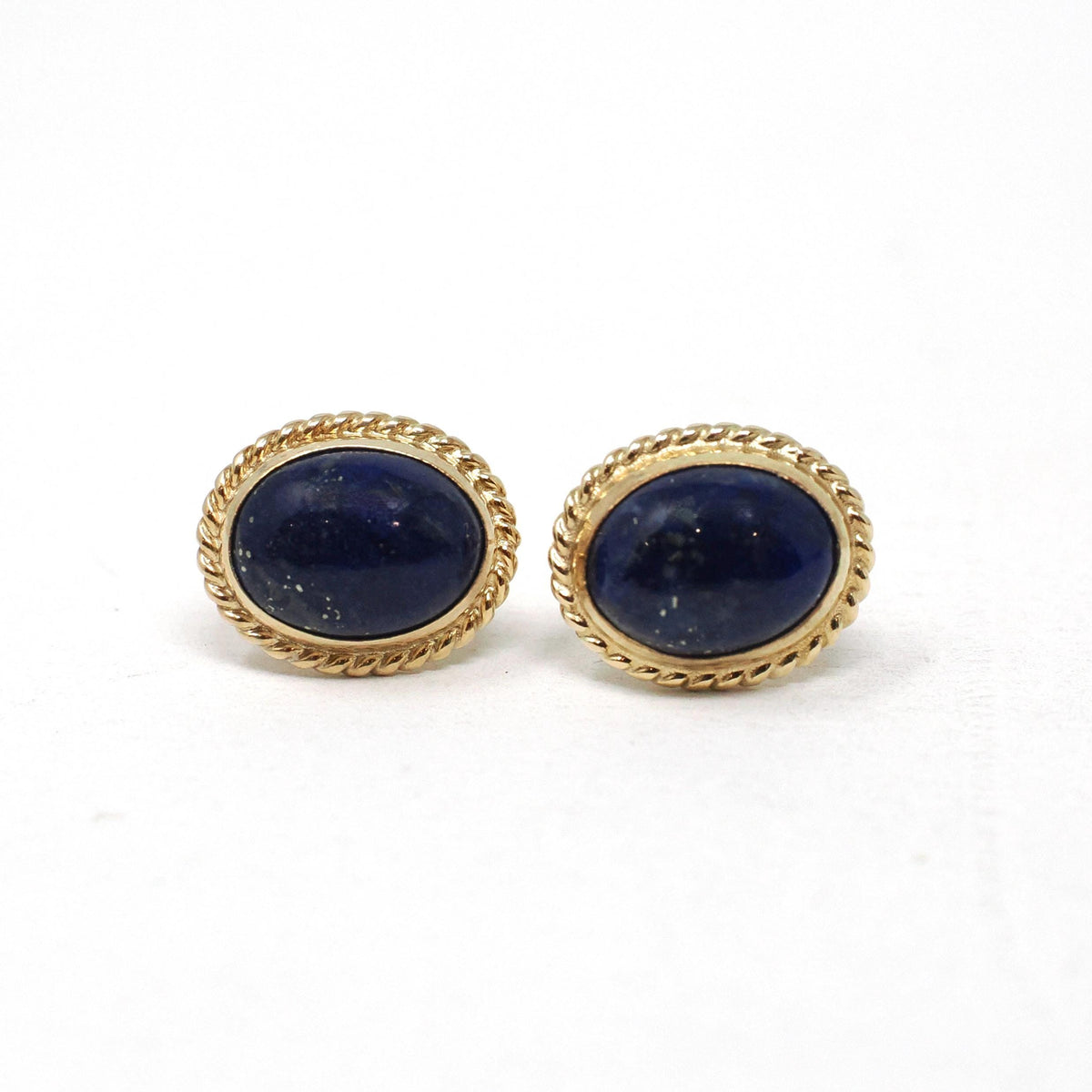 Lapis Lazuli Earrings - Retro 14k Yellow Gold Oval Cabochon Cut Blue Gemstones Pierced Post Studs - Vintage 1960s Era Push Back Fine Jewelry