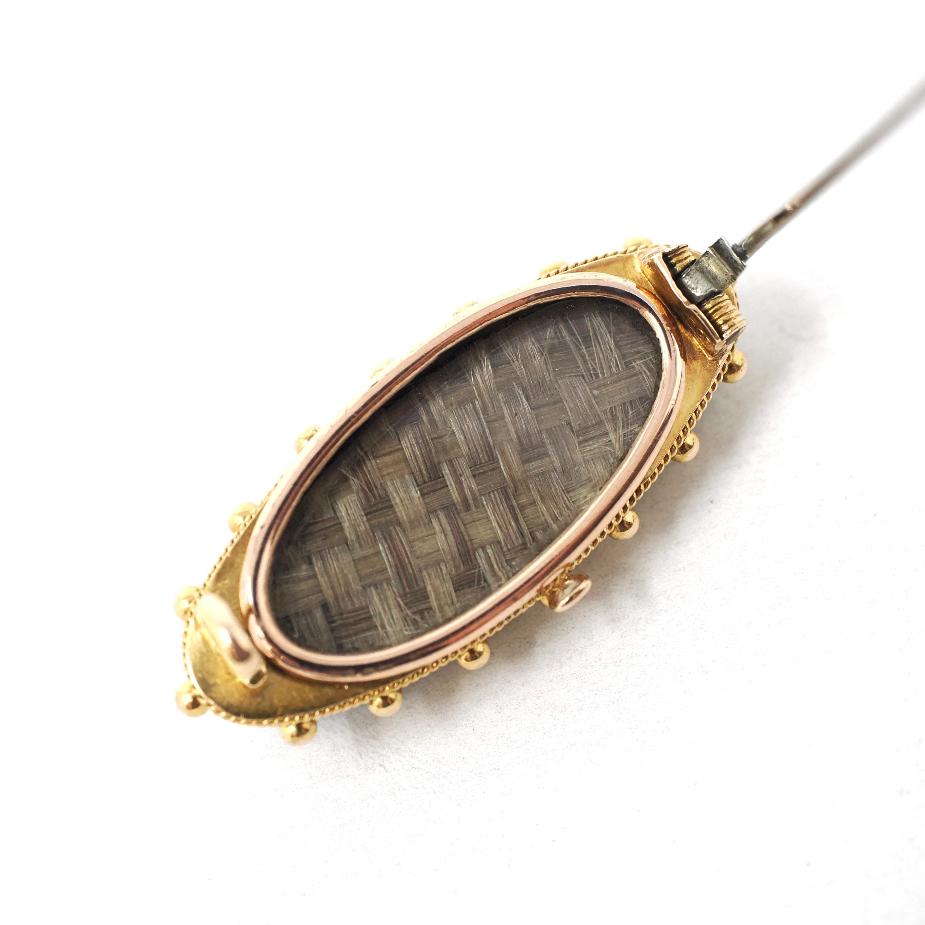 Antique Hair Brooch - Victorian 15CT Yellow Gold Black Onyx & Seed Pearls Star Pin - Circa 1880s Era Braided Fine Lapel Mourning Jewelry
