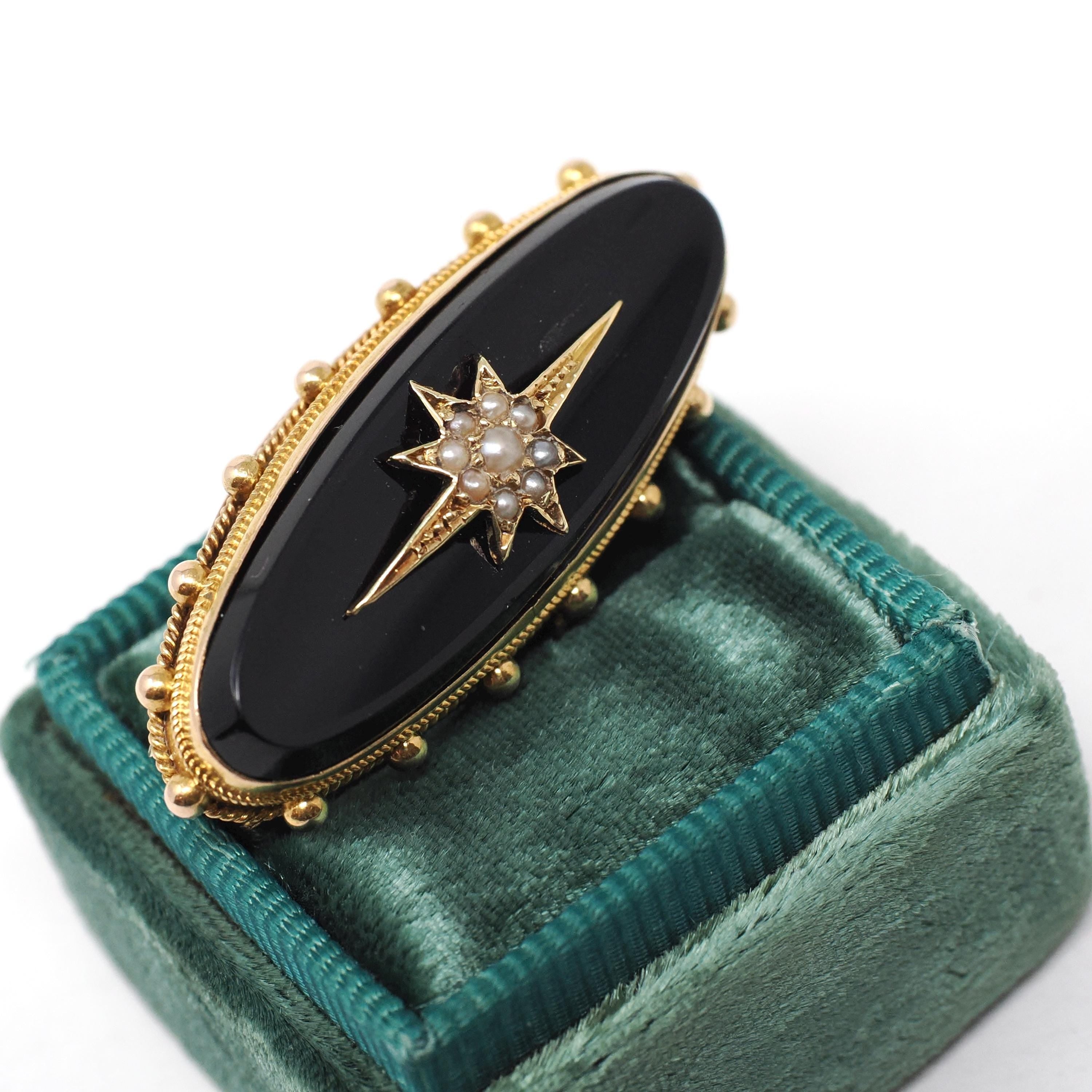 Antique Hair Brooch - Victorian 15CT Yellow Gold Black Onyx & Seed Pearls Star Pin - Circa 1880s Era Braided Fine Lapel Mourning Jewelry