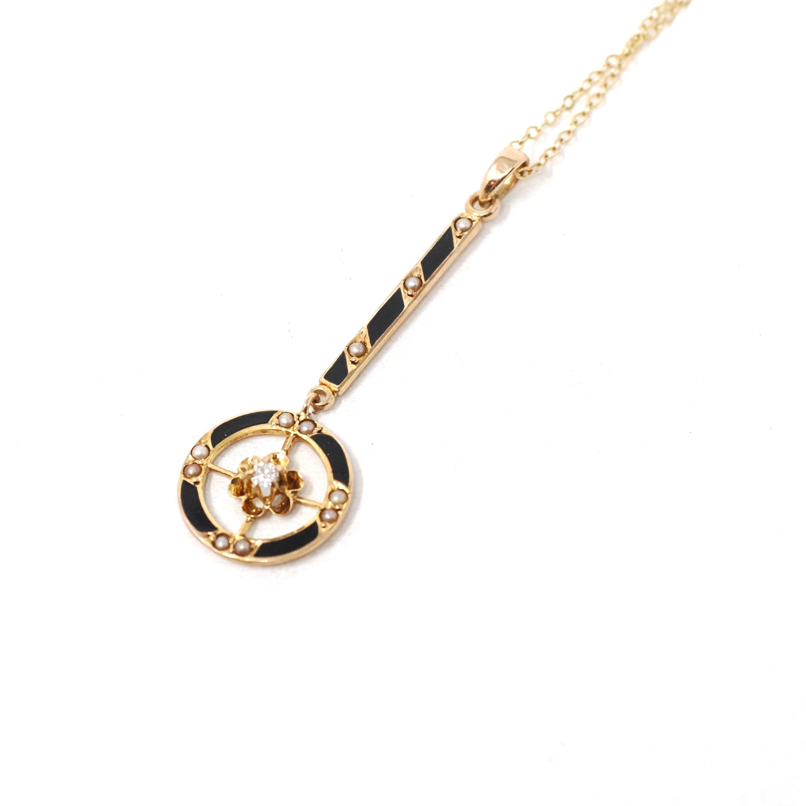 Antique Victorian Lavalier - 10k Yellow Gold Seed Pearl Diamond & Black Enamel Pendant - Circa 1890s Era Necklace Fine Statement Jewelry