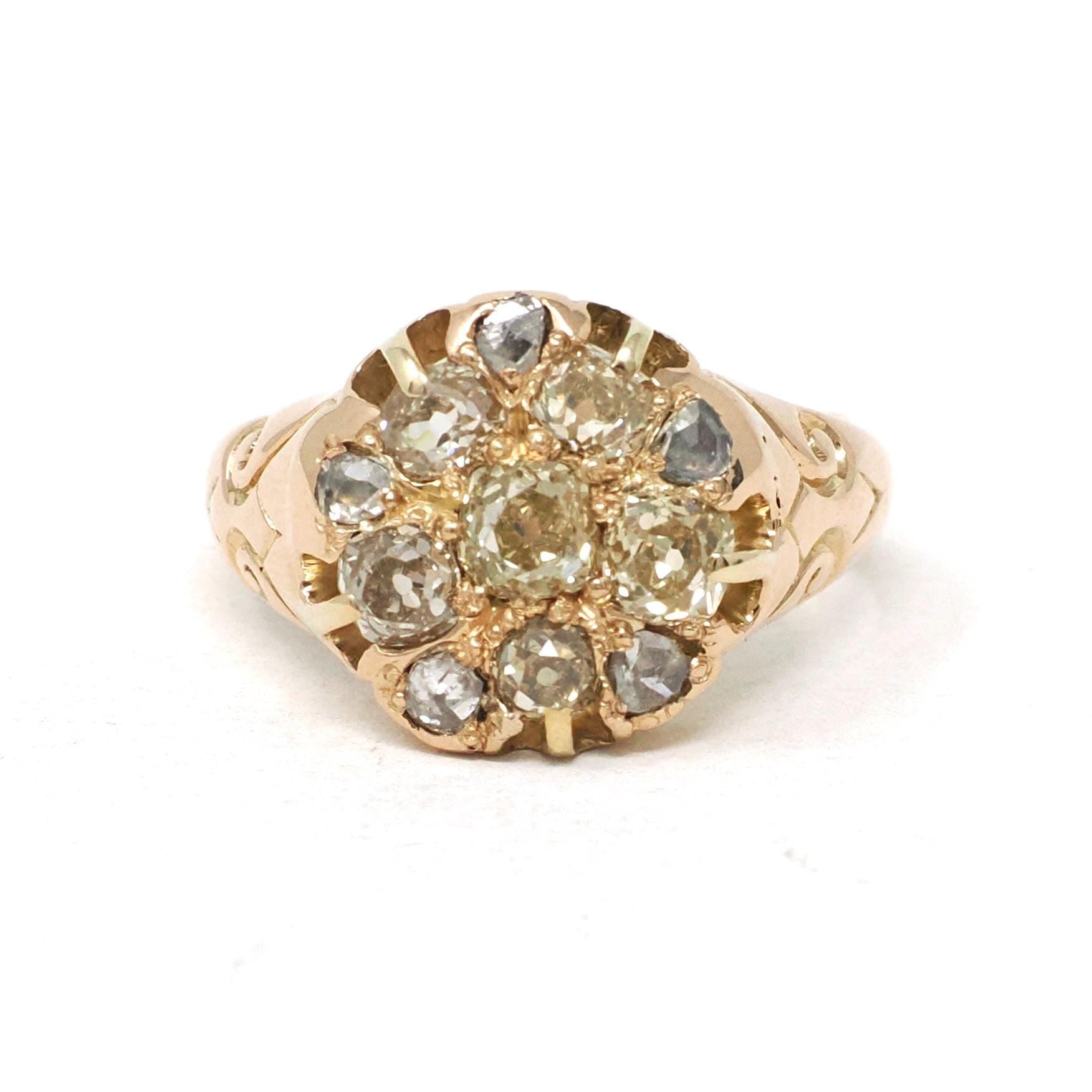 HOLDntique Cluster Ring - Victorian Era 14k Rose Gold Natural Rose Old Mine Cut Diamond 1.65 CTW Halo - 19th Century Size 7 1/2 Fine Jewelry