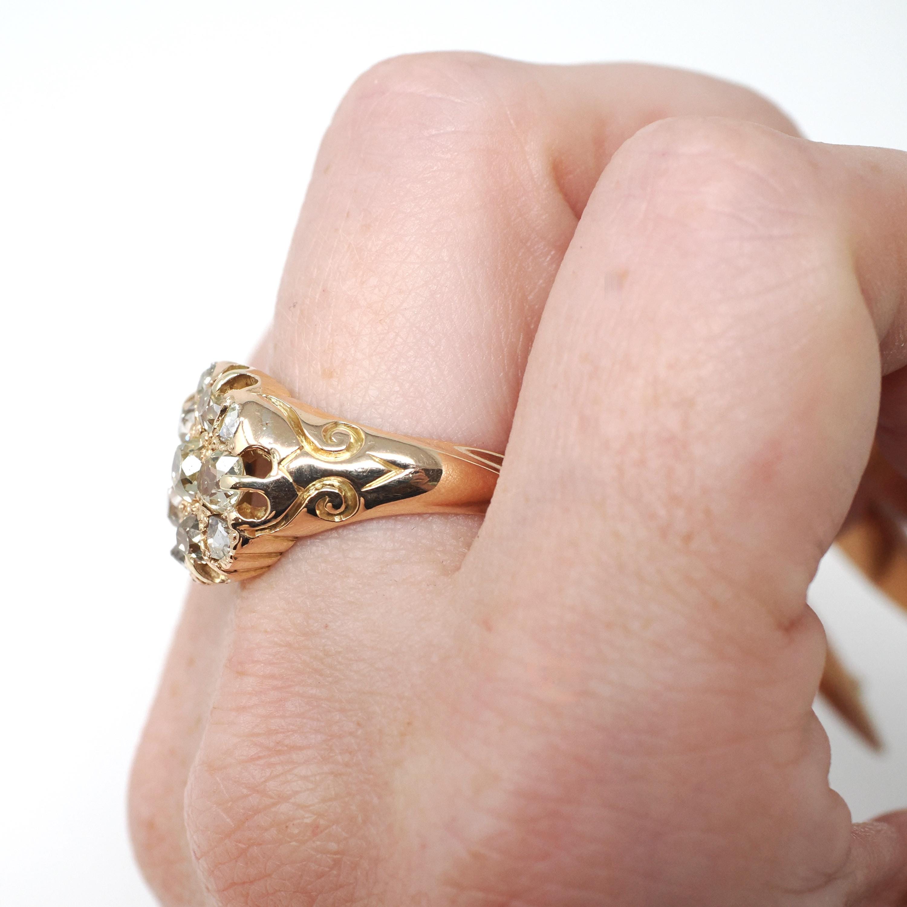 HOLDntique Cluster Ring - Victorian Era 14k Rose Gold Natural Rose Old Mine Cut Diamond 1.65 CTW Halo - 19th Century Size 7 1/2 Fine Jewelry