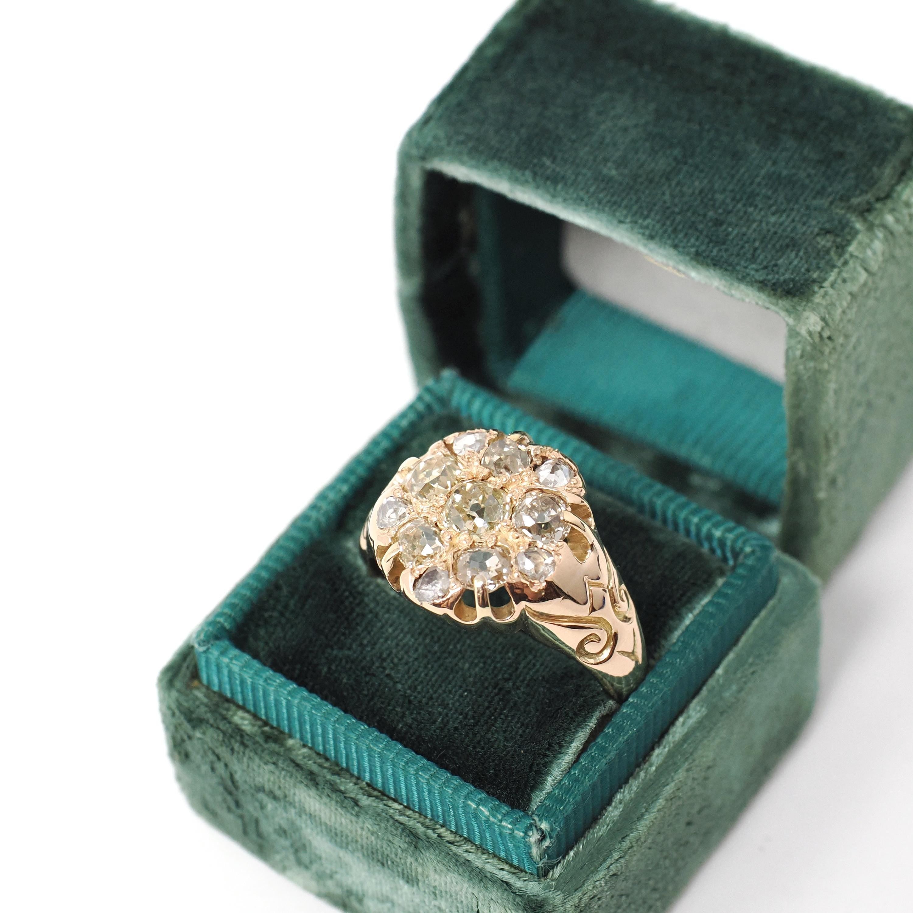 HOLDntique Cluster Ring - Victorian Era 14k Rose Gold Natural Rose Old Mine Cut Diamond 1.65 CTW Halo - 19th Century Size 7 1/2 Fine Jewelry