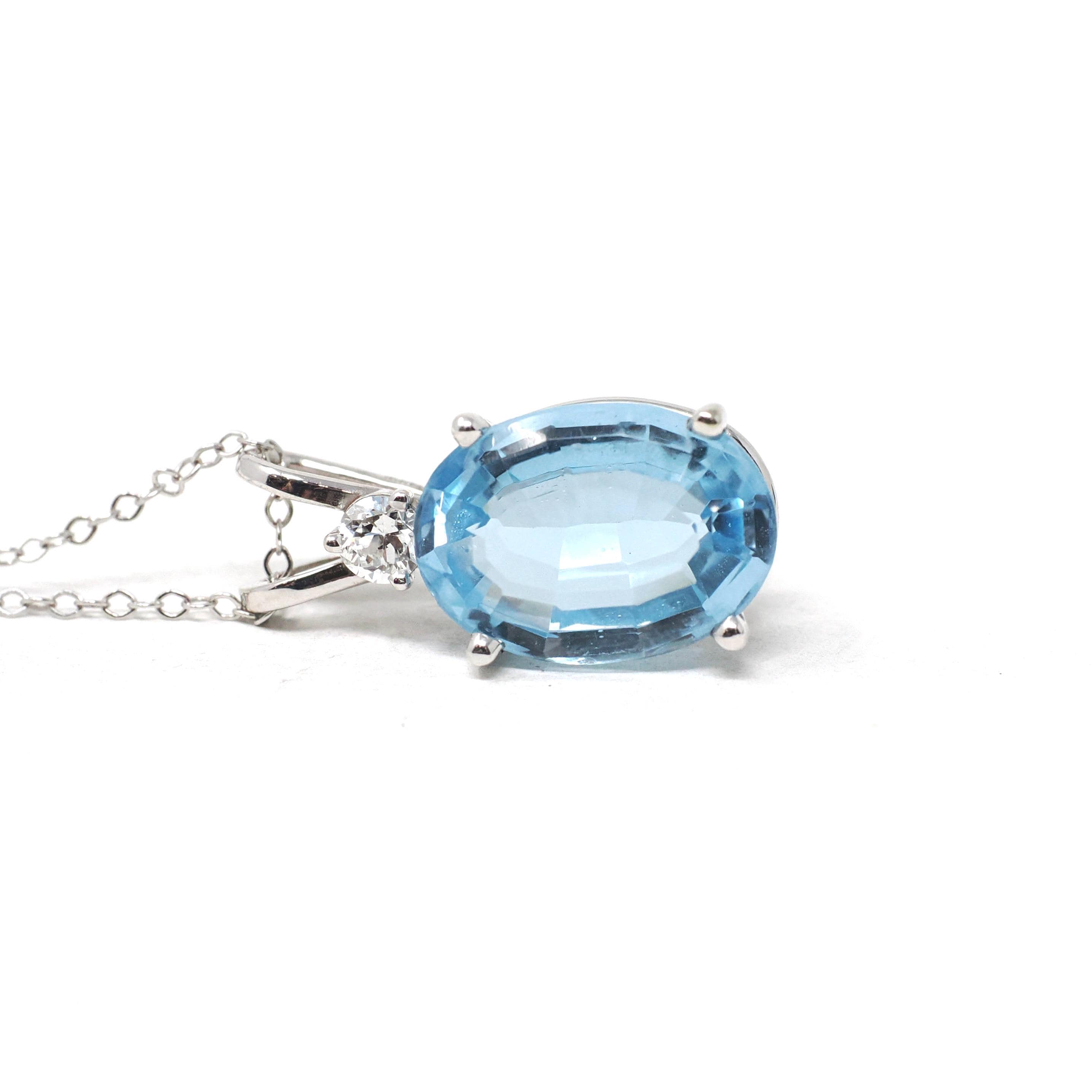 Blue Topaz Pendant - Estate 14k White Gold Oval Faceted 5.17 CT Blue Gem - Modern Circa 2000s Era Diamond Necklace Fine Statement Jewelry