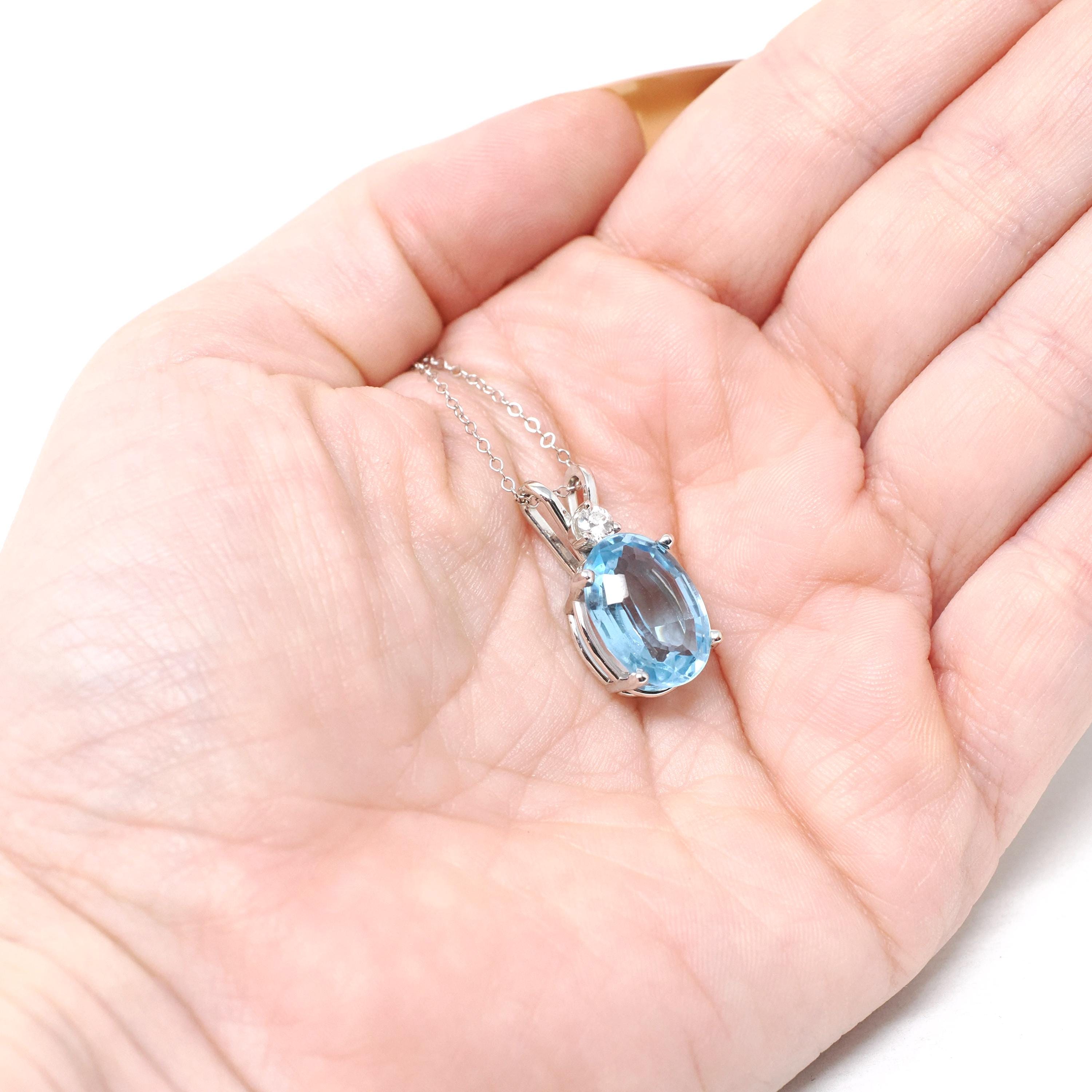 Blue Topaz Pendant - Estate 14k White Gold Oval Faceted 5.17 CT Blue Gem - Modern Circa 2000s Era Diamond Necklace Fine Statement Jewelry