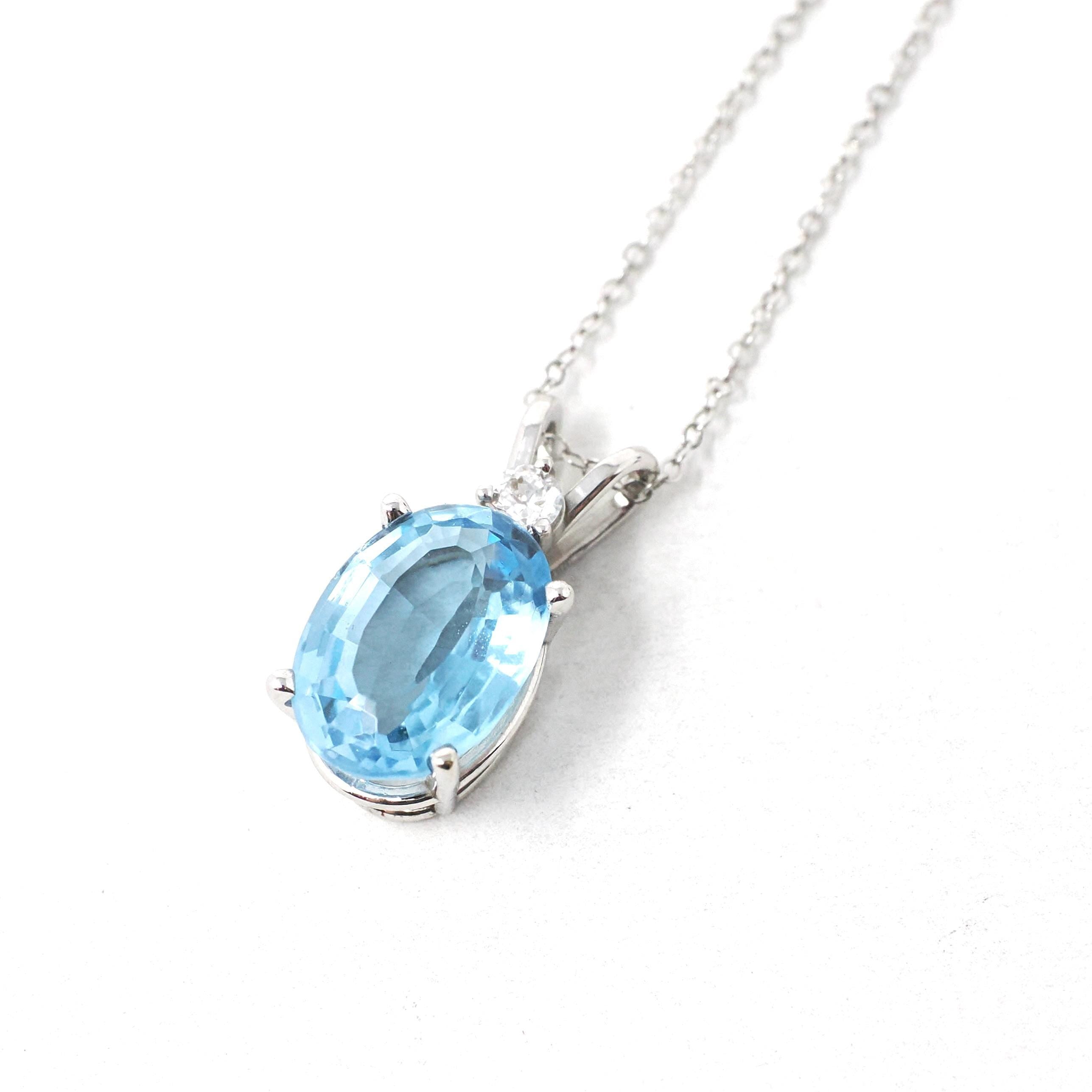 Blue Topaz Pendant - Estate 14k White Gold Oval Faceted 5.17 CT Blue Gem - Modern Circa 2000s Era Diamond Necklace Fine Statement Jewelry