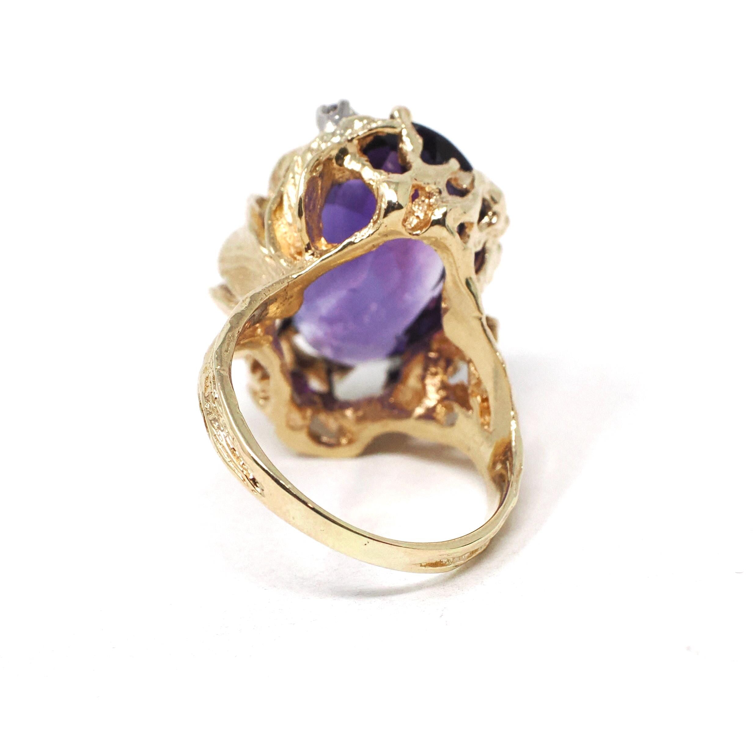 Vintage Amethyst Ring - Modern 14k Yellow Gold Natural Purple 9.78 CT Gem Diamonds - Estate Circa 1980s Size 6 1/4 Leaf Nature Fine Jewelry