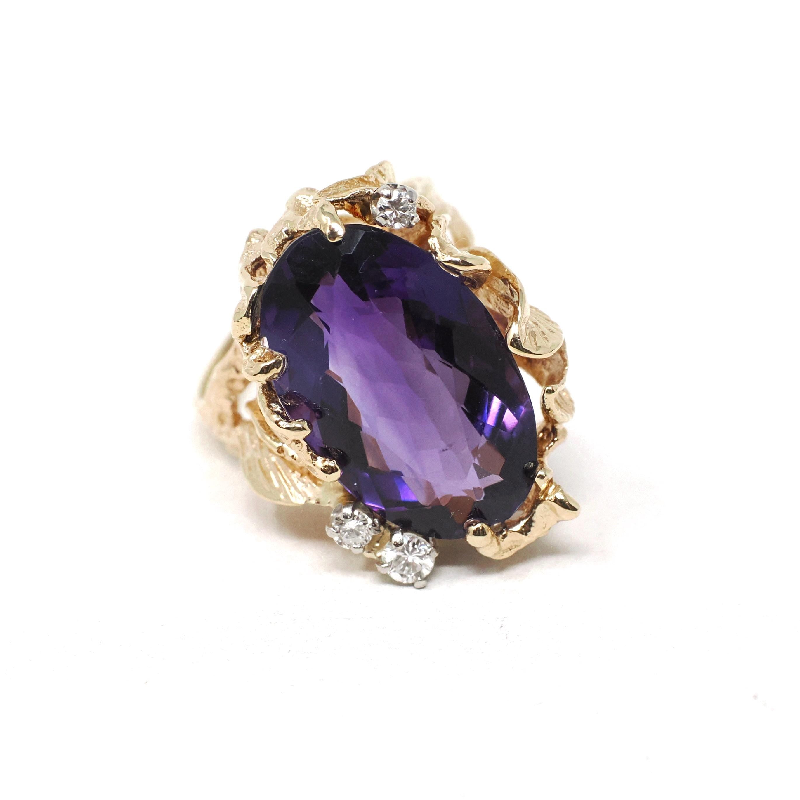 Vintage Amethyst Ring - Modern 14k Yellow Gold Natural Purple 9.78 CT Gem Diamonds - Estate Circa 1980s Size 6 1/4 Leaf Nature Fine Jewelry
