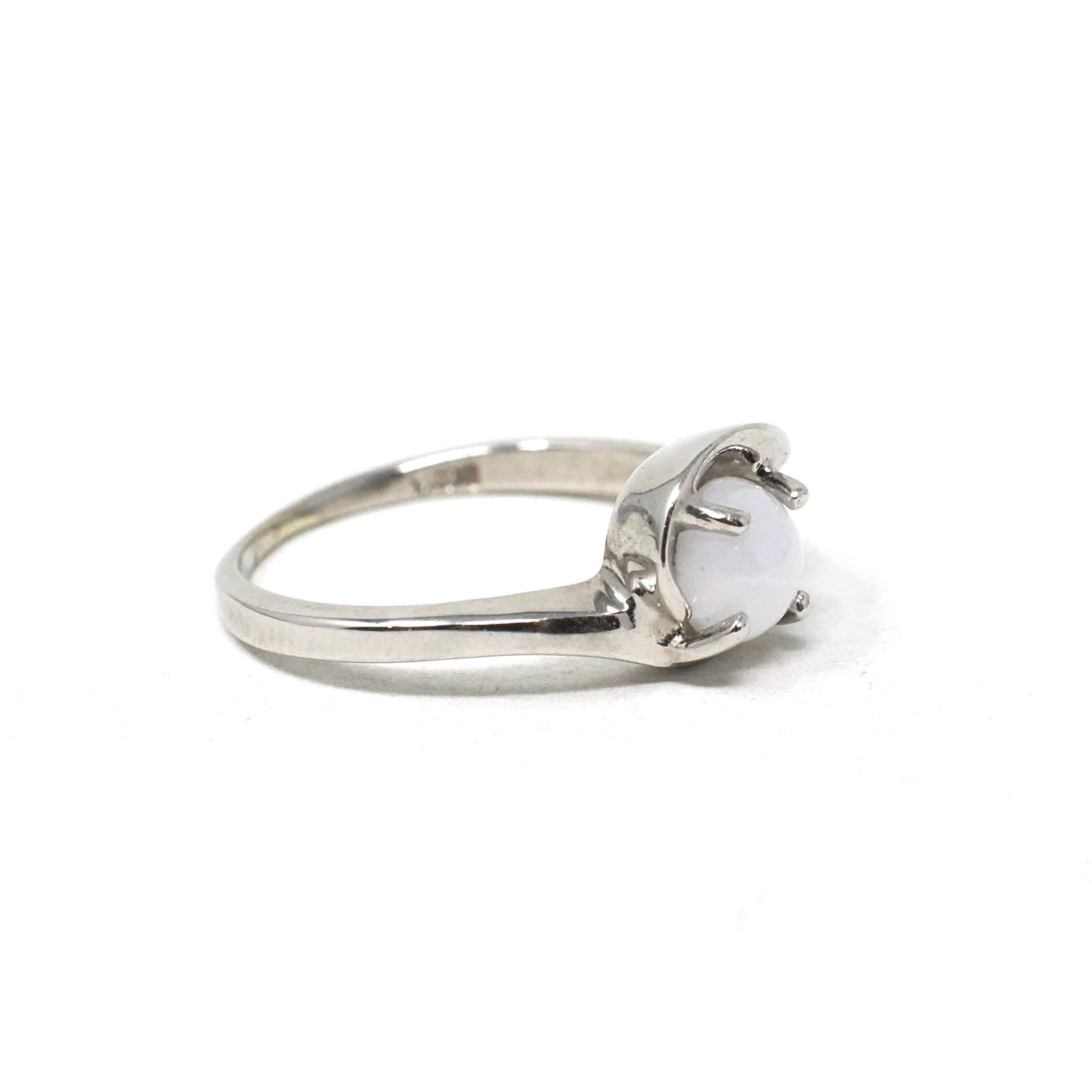 Created Star Sapphire Ring - Vintage 14k White Gold White Cabochon Gem - Retro Circa 1970s Era Size 3 3/4 Bypass Fine Statement 70s Jewelry