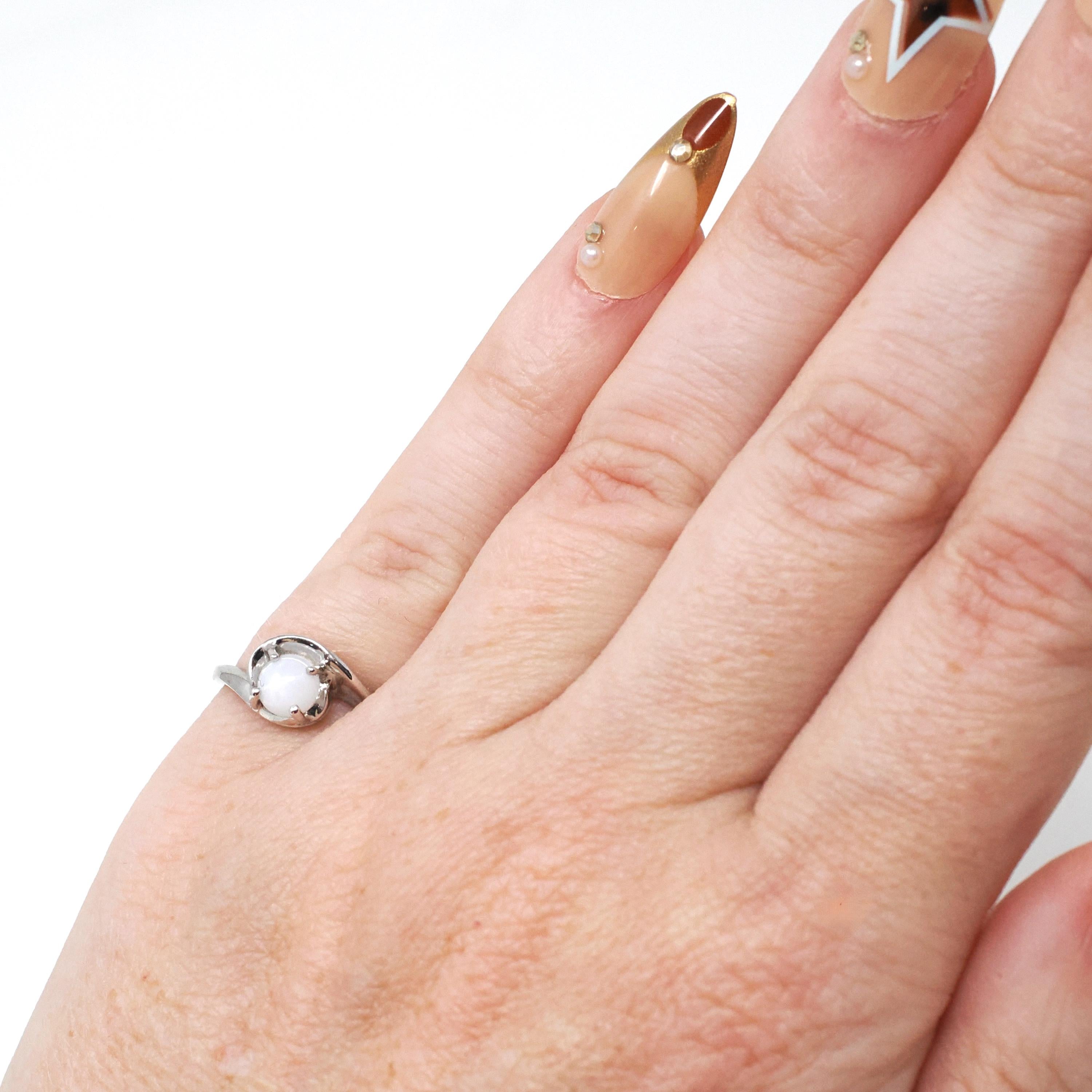 Created Star Sapphire Ring - Vintage 14k White Gold White Cabochon Gem - Retro Circa 1970s Era Size 3 3/4 Bypass Fine Statement 70s Jewelry