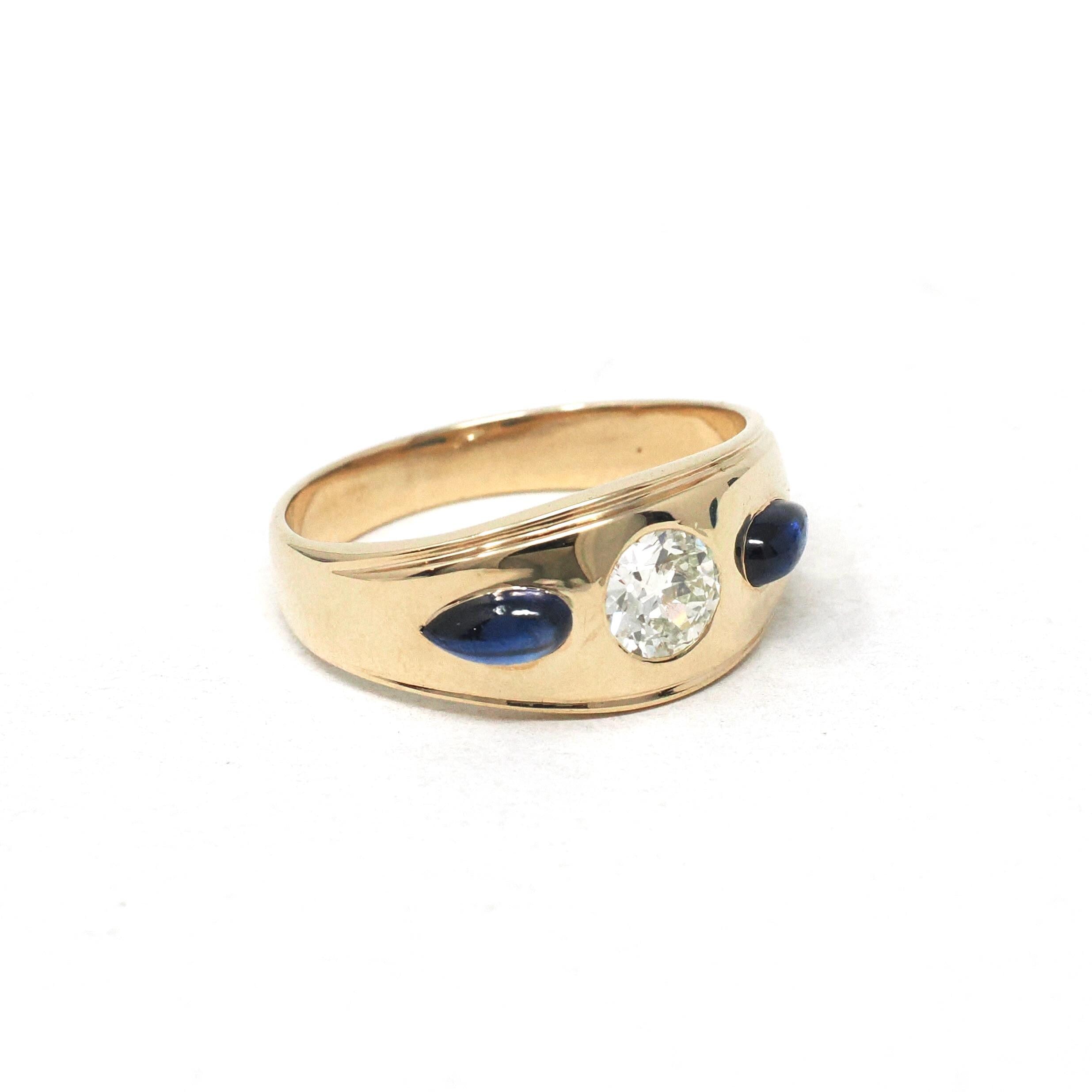 Diamond & Created Sapphire Ring - Mid Century 14k Yellow Gold Natural .57CT Old European Cut Band - Circa 1960s Size 9.5 Fine Bridal Jewelry