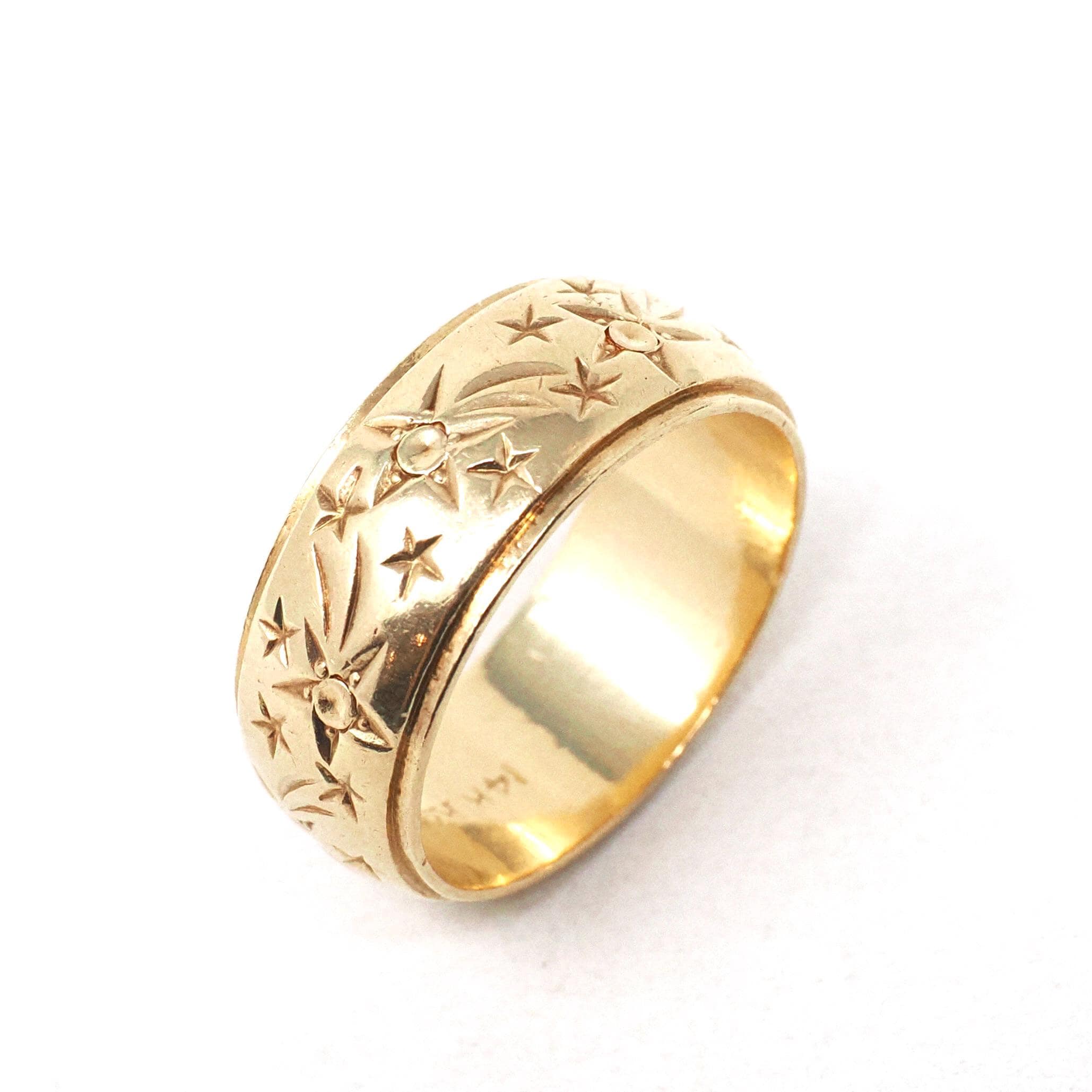 Vintage Shooting Star Band - Retro 14k Yellow Gold 8.5 MM Unisex Celestial Wedding Ring - Circa 1960s Size 8 1/2 Bridal Thumb Fine Jewelry