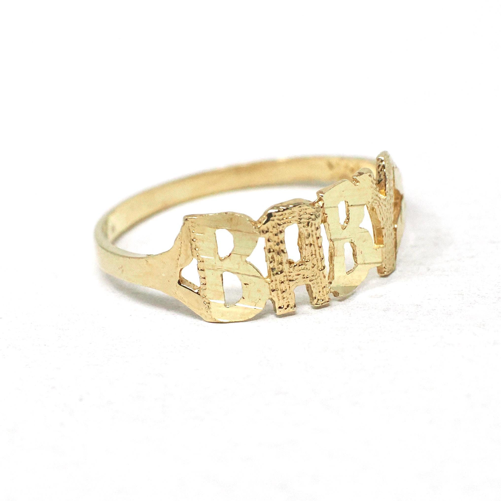 Vintage "Baby" Ring - Estate 10k Yellow Gold Textured Child Pet Name Band - Circa 1990s Era Size 3 3/4 Petite Dainty Newborn Fine Jewelry