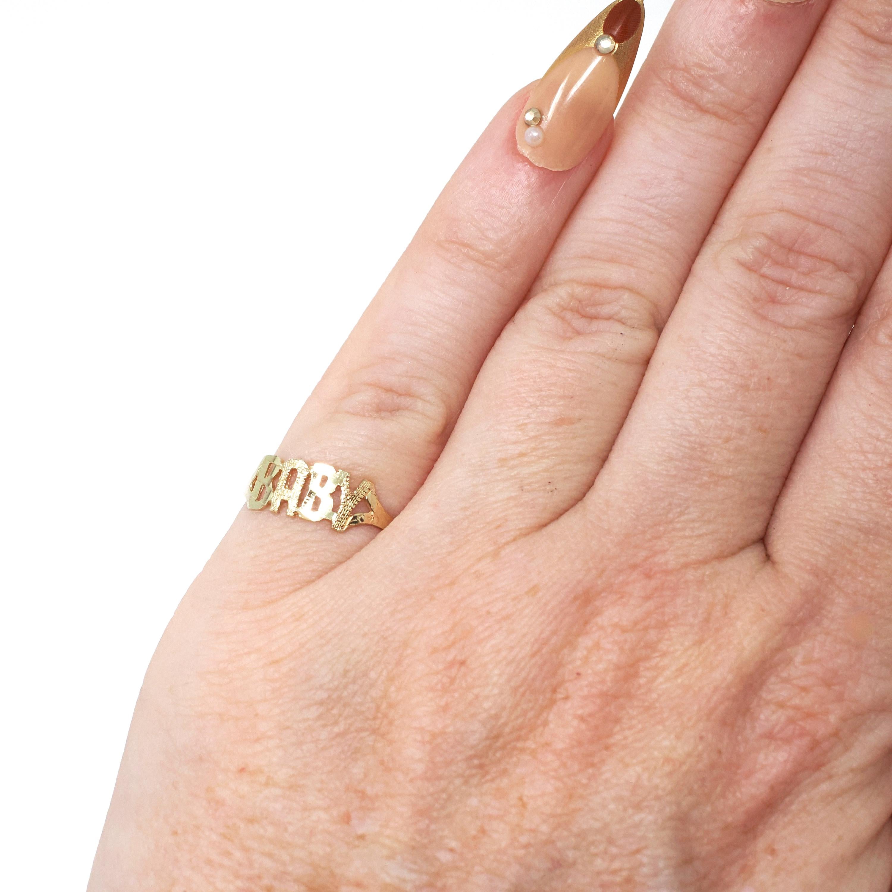 Vintage "Baby" Ring - Estate 10k Yellow Gold Textured Child Pet Name Band - Circa 1990s Era Size 3 3/4 Petite Dainty Newborn Fine Jewelry
