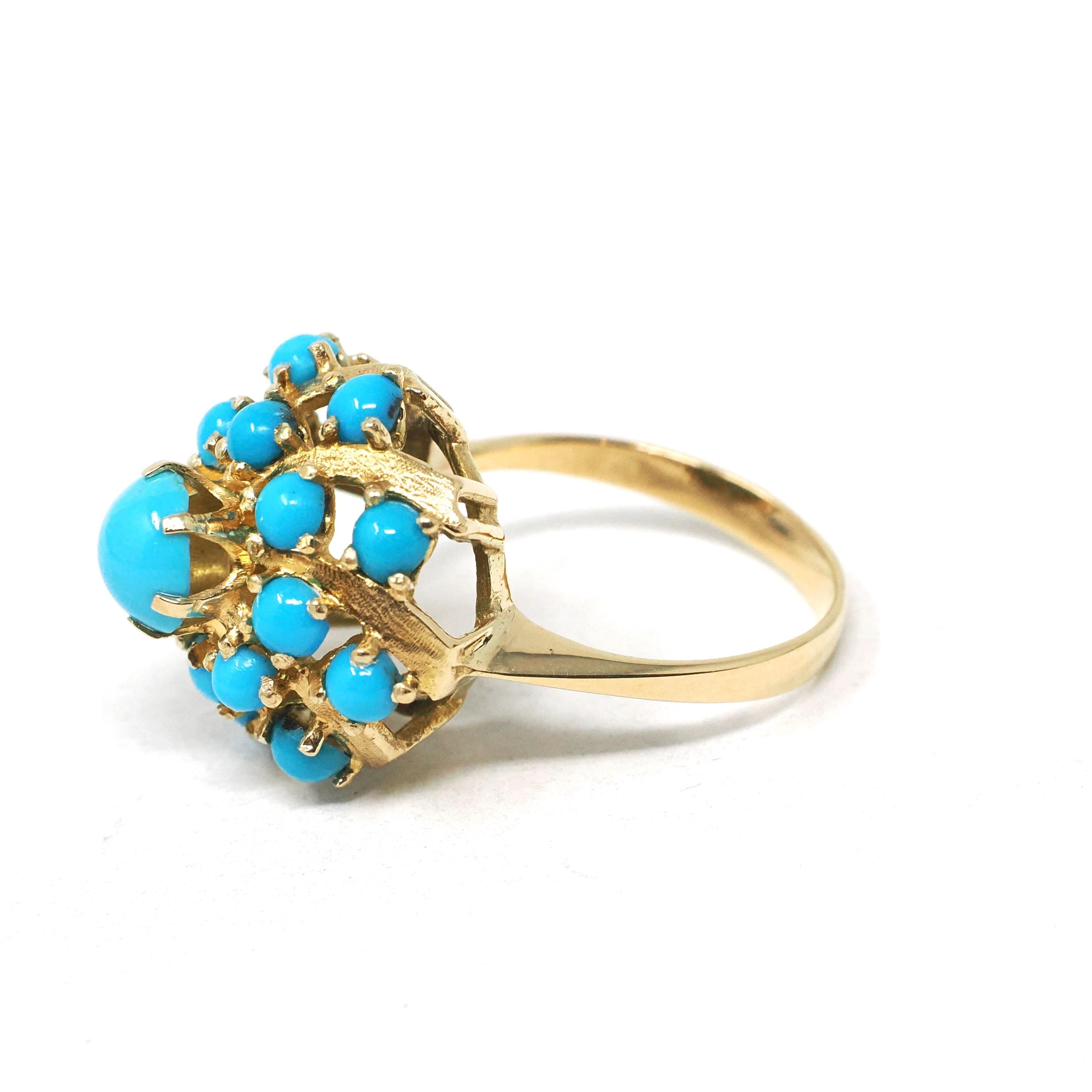 Turquoise Thai Princess Ring - Vintage 18k Yellow Gold Natural Blue Gemstone Flower Halo Size 7 - Retro 1960s 1970s Cluster Fine Jewelry