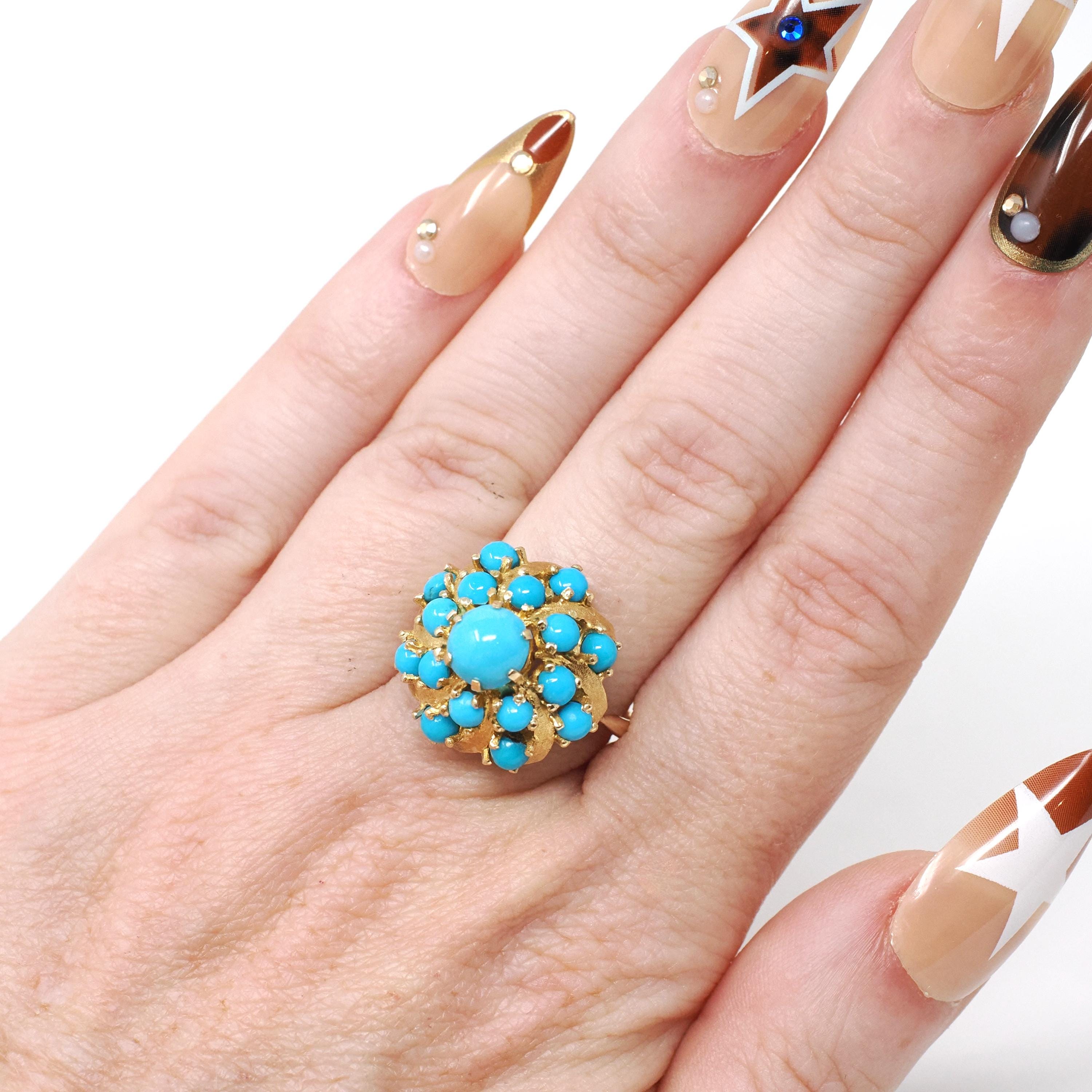 Turquoise Thai Princess Ring - Vintage 18k Yellow Gold Natural Blue Gemstone Flower Halo Size 7 - Retro 1960s 1970s Cluster Fine Jewelry