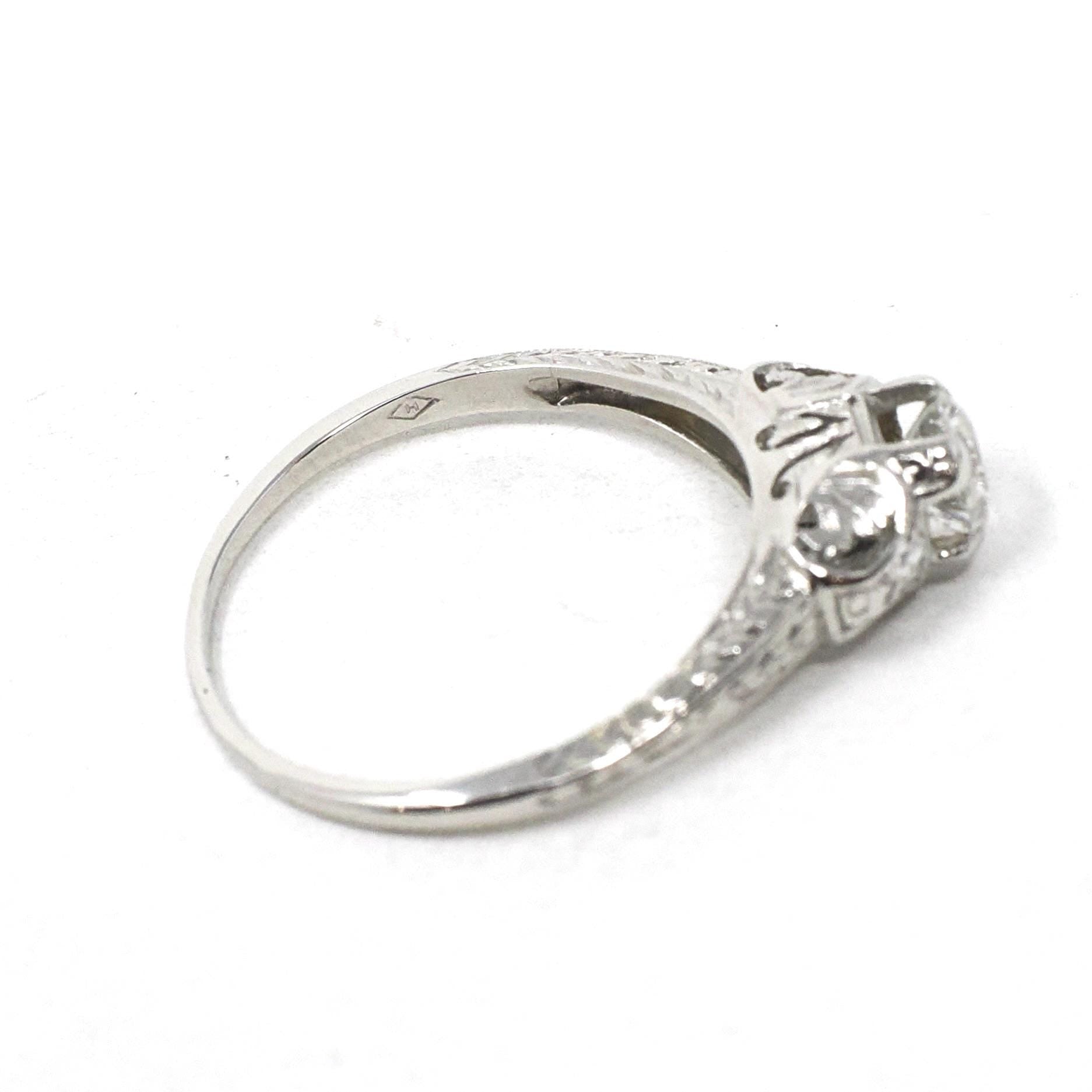 Vintage Engagement Ring - Art Deco Platinum Natural Diamond Wedding - Circa 1930s Era Size 6 1/2 Bridal Wheat Design Fine Statement Jewelry