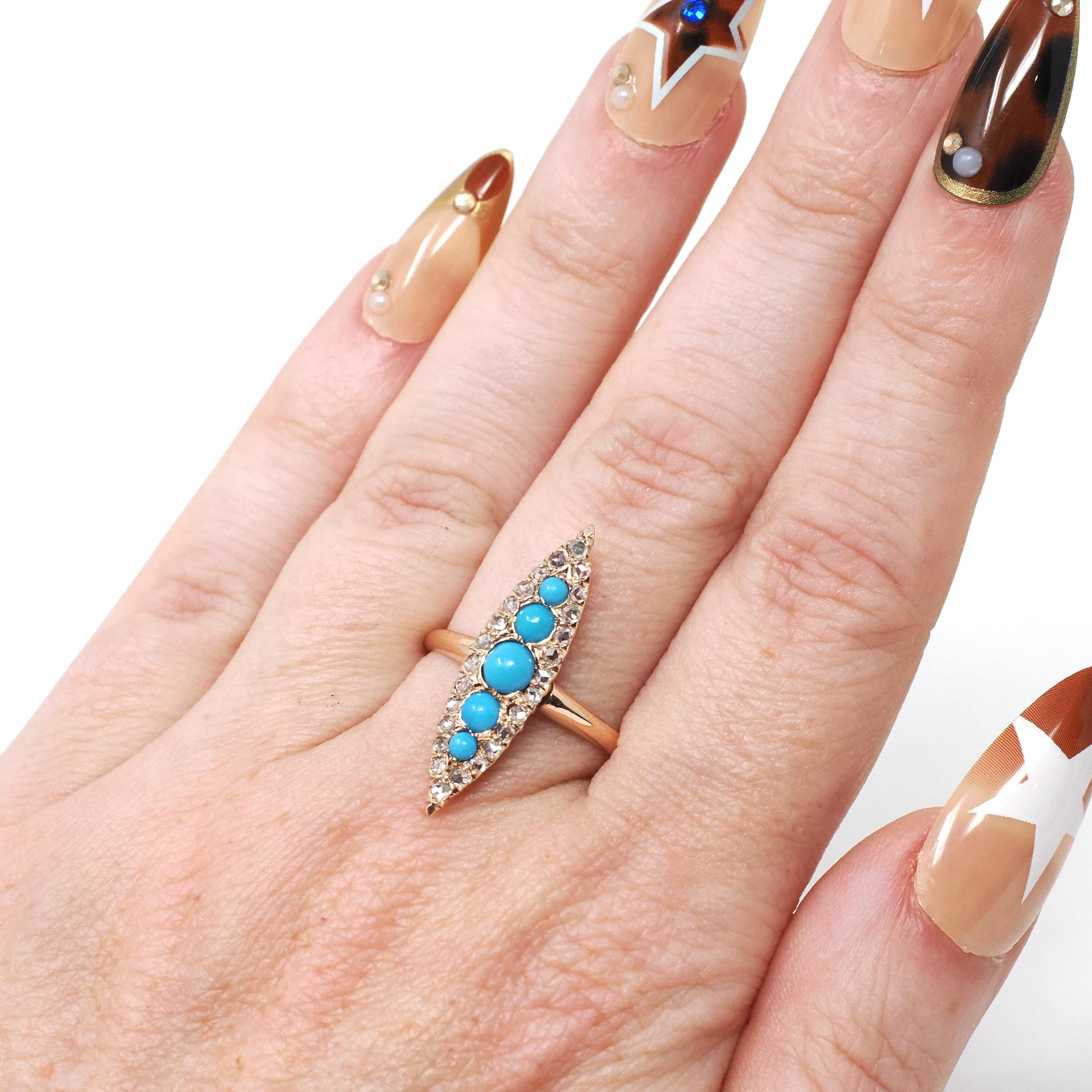 Antique Navette Ring - Victorian 10k Gold Natural Rose Cut Diamonds & Simulated Turquoise Statement - Vintage Circa 1900 Size 7 Fine Jewelry