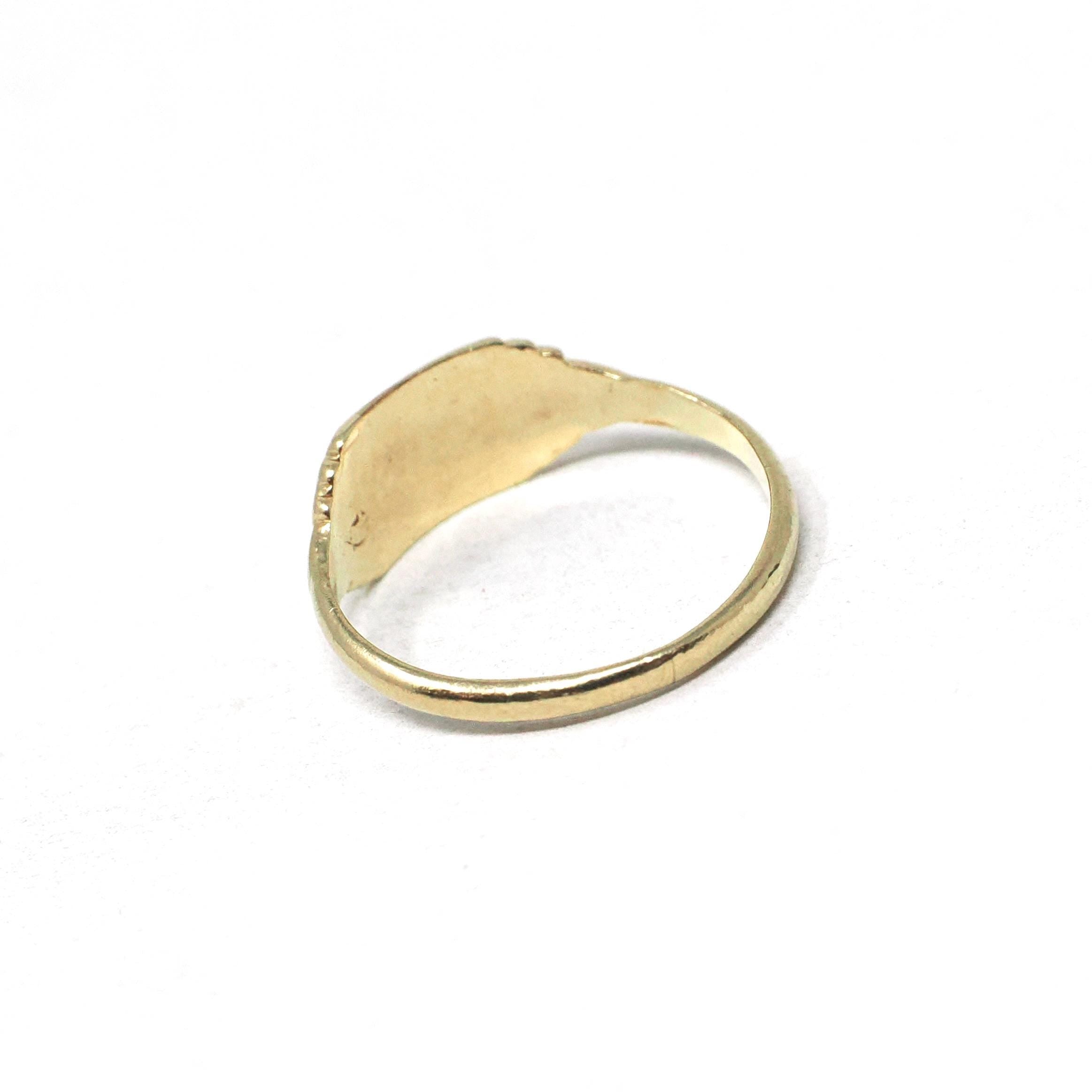 Vintage "R" Signet Ring - Mid Century 10k Yellow Gold Engraved Initial Script Letter - Circa 1940s Era Size 1 Petite Midi Pinky Fine Jewelry