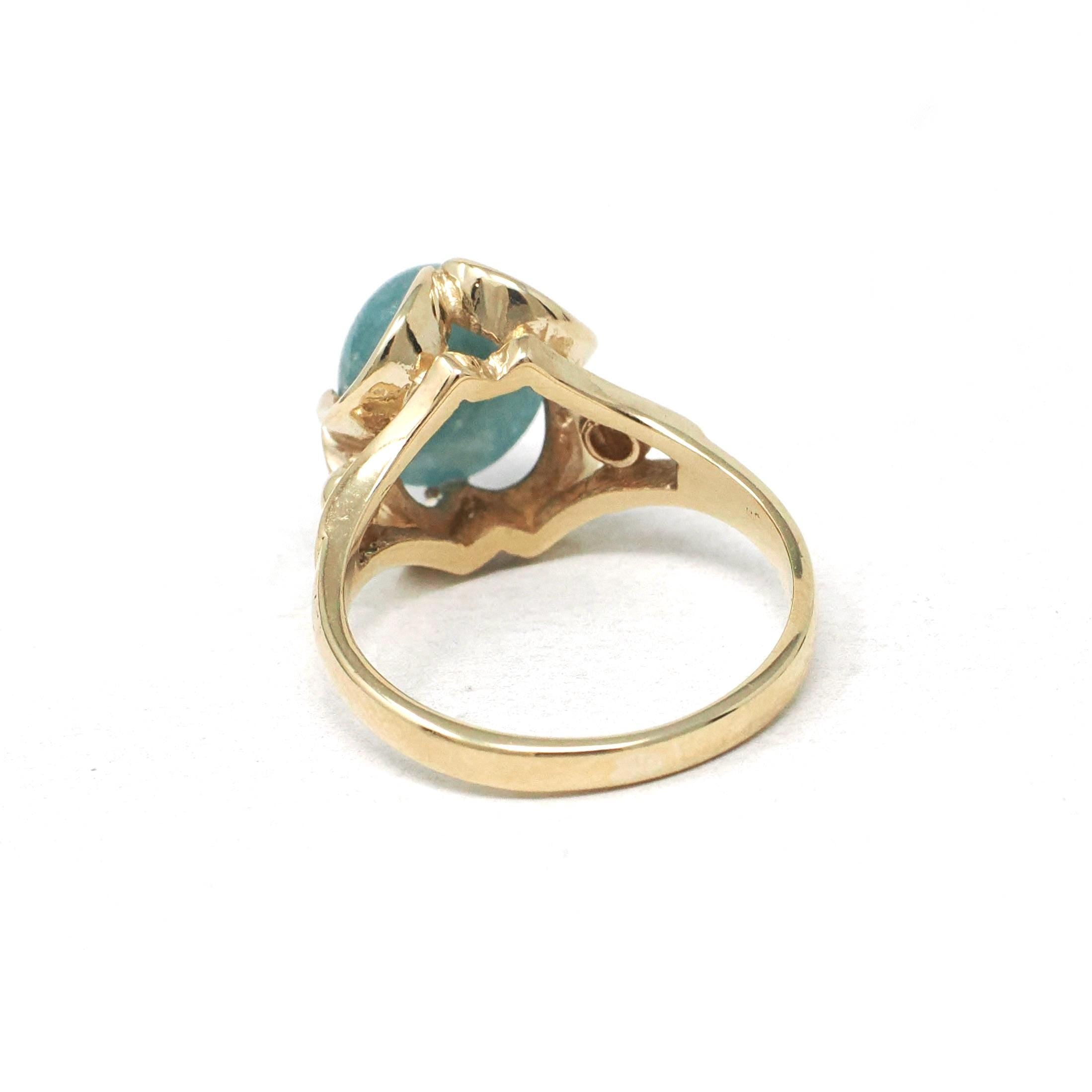 Vintage Jadeite Ring - Retro 10k Yellow Gold Green Blue Oval Cabochon Jade Gemstone - Retro Circa 1960s Era Size 5.25 Fine Solitaire Jewelry
