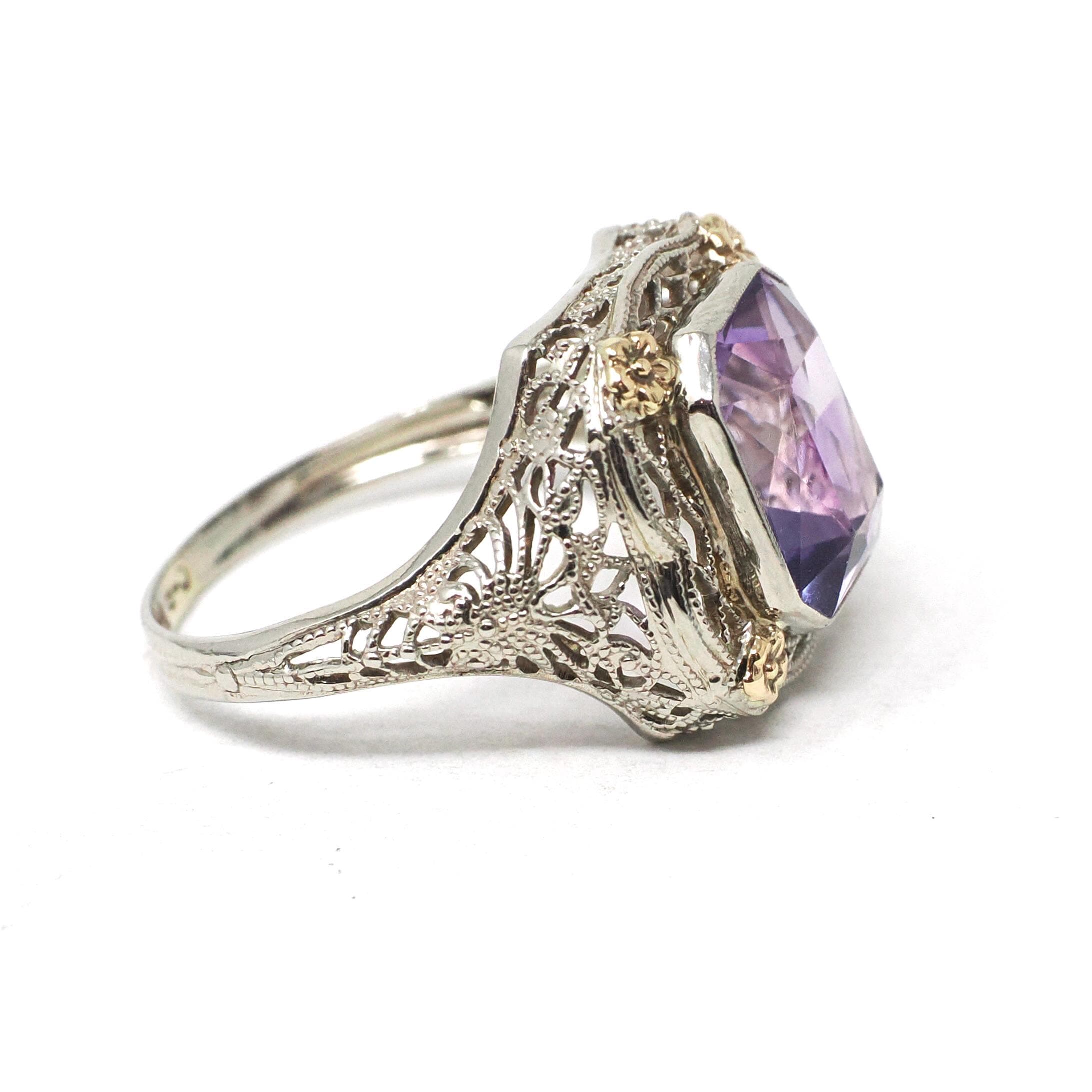 Vintage Amethyst Ring - Art Deco 14k White Gold Filigree French Cut Purple Gem - Circa 1930s Era Size 6 1/4 Floral Two Tone Fine Jewelry