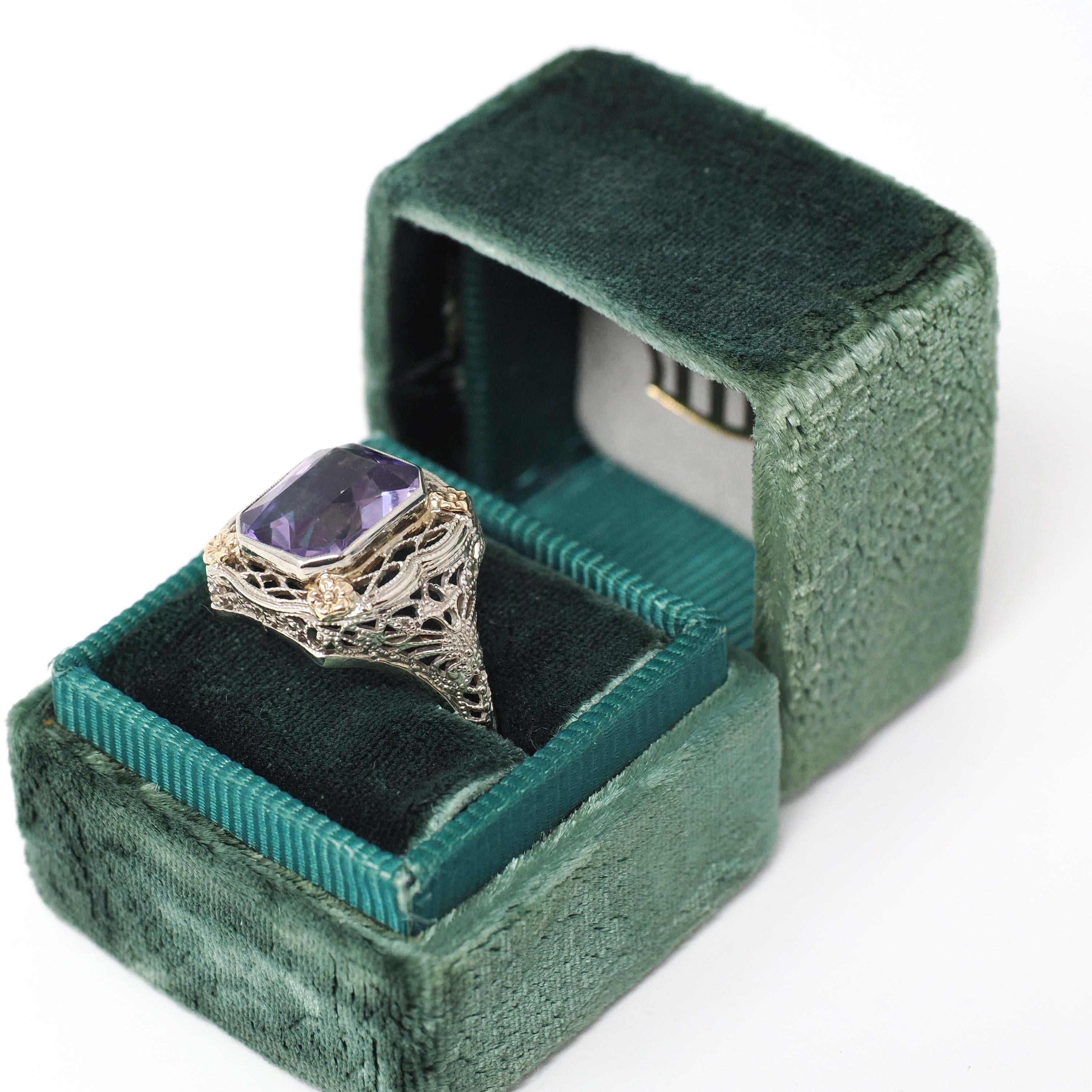 Vintage Amethyst Ring - Art Deco 14k White Gold Filigree French Cut Purple Gem - Circa 1930s Era Size 6 1/4 Floral Two Tone Fine Jewelry