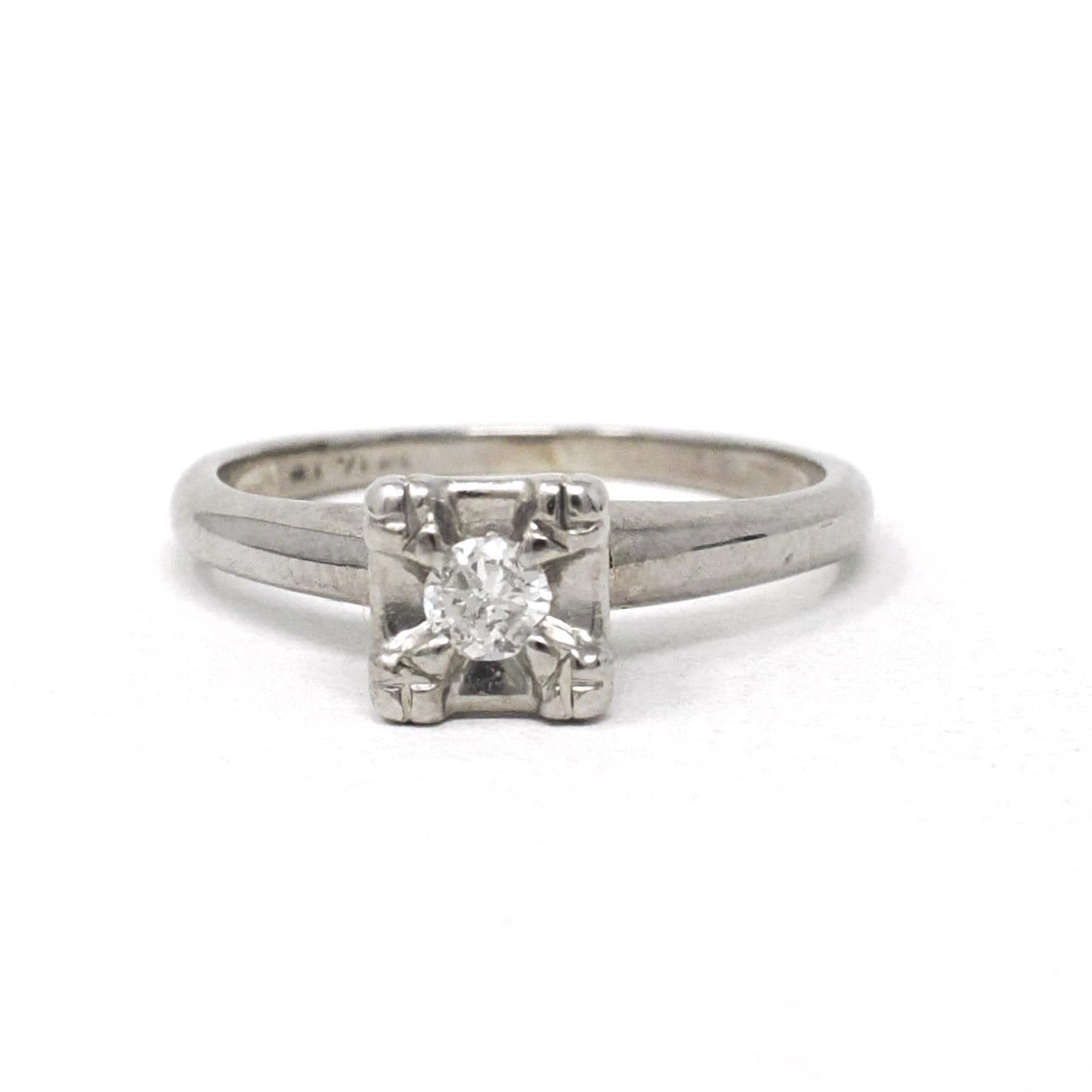 Mid Century Diamond Ring - Vintage 14k White Gold Natural Gemstone Engagement - Circa 1950s Era Size 5 Illusion Solitaire Fine 50s Jewelry