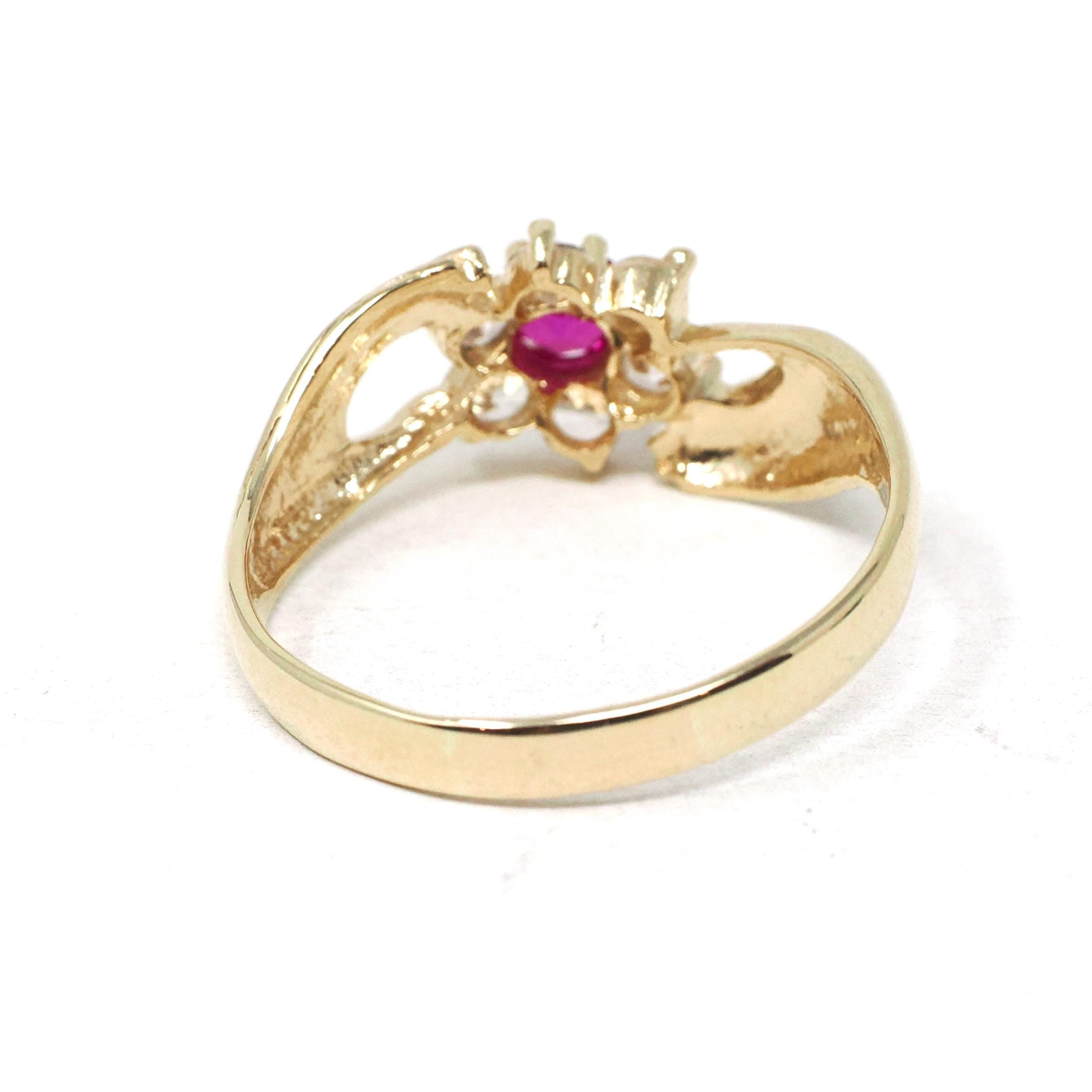 Hand Bypass Ring - Modern 14k Yellow Gold Created Ruby & CZ Flower Halo - Estate Circa 2000s Size 11 1/2 Clasping Figural Flora Fine Jewelry