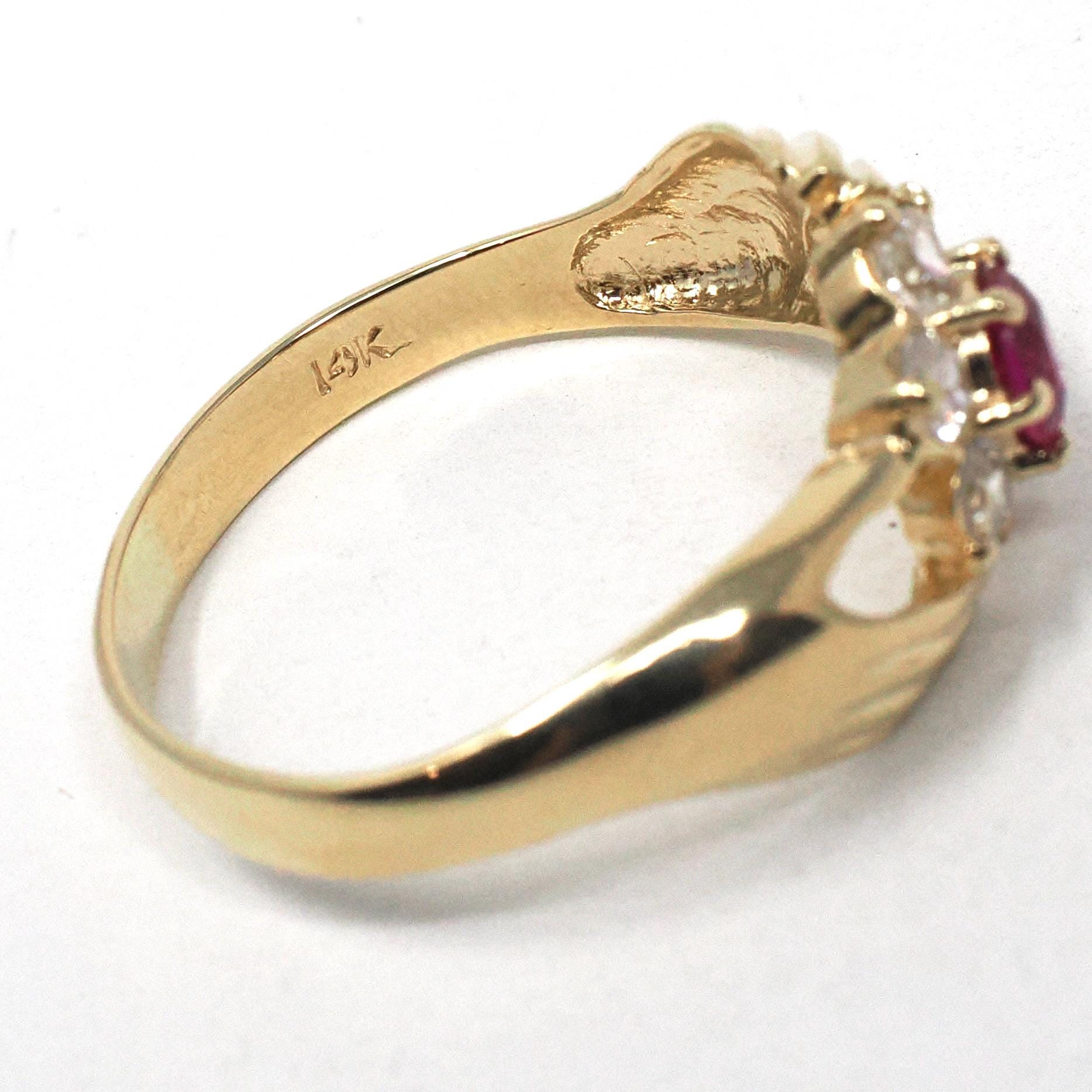 Hand Bypass Ring - Modern 14k Yellow Gold Created Ruby & CZ Flower Halo - Estate Circa 2000s Size 11 1/2 Clasping Figural Flora Fine Jewelry