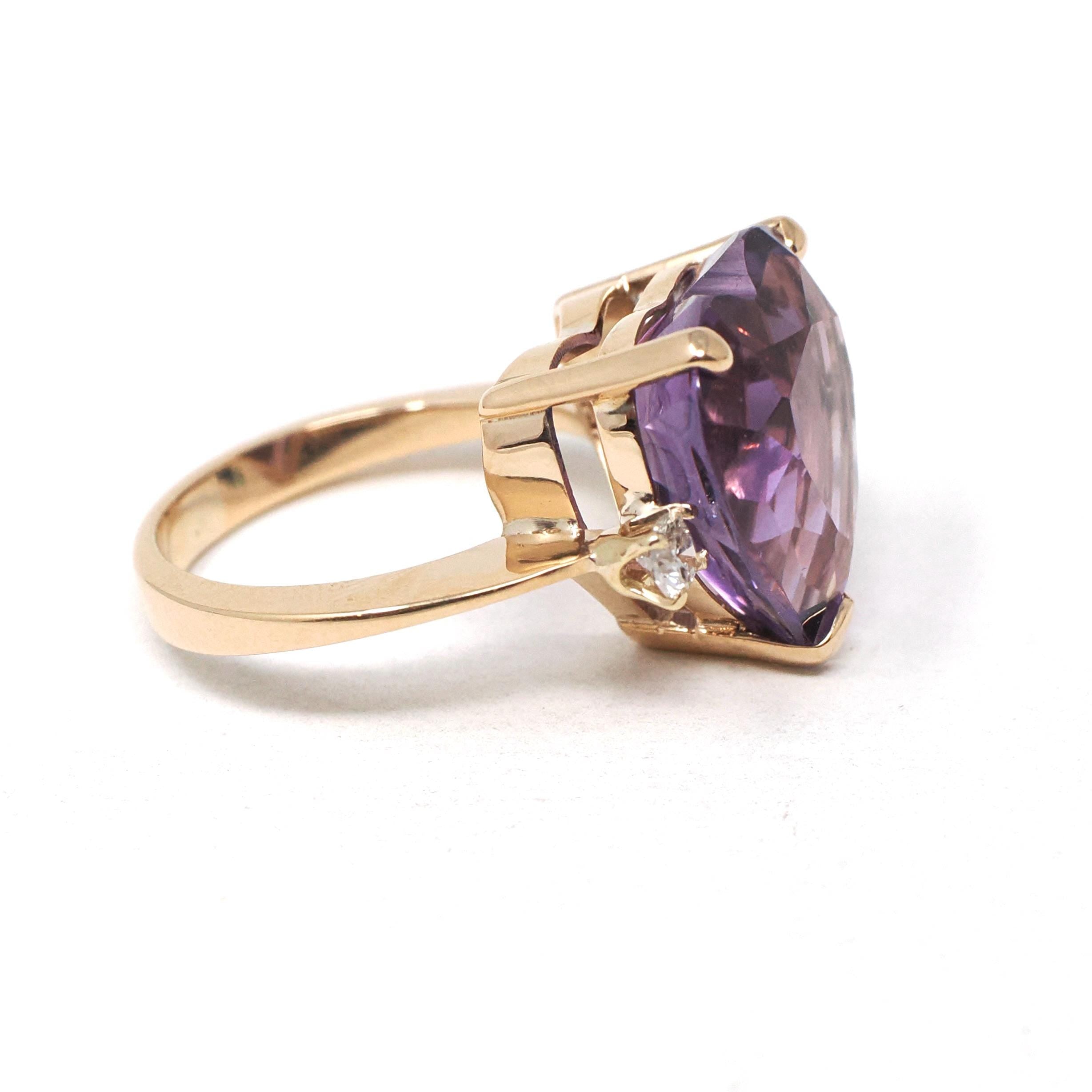Amethyst Heart Ring - Estate 14k Yellow Gold Purple Gem & .16 CTW Diamonds - Modern Circa 2000s Era Size 5 February Birthstone Fine Jewelry