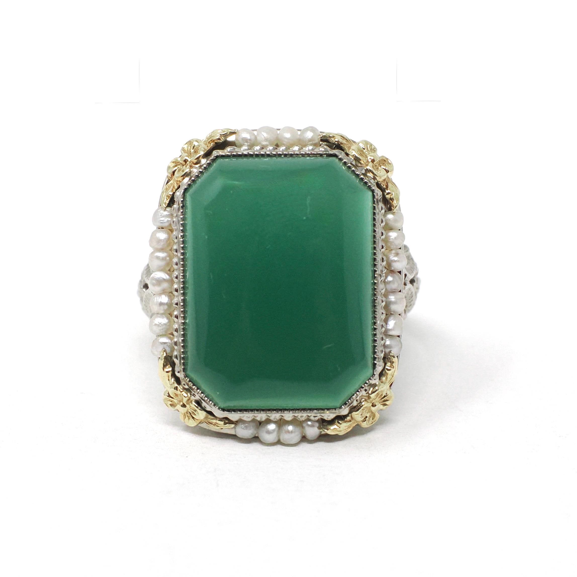 Art Deco Ring - Vintage 14k White Gold Dyed Green Chalcedony & Seed Pearl Halo - Circa 1930s Size 5.75 Two Tone Floral Filigree Fine Jewelry