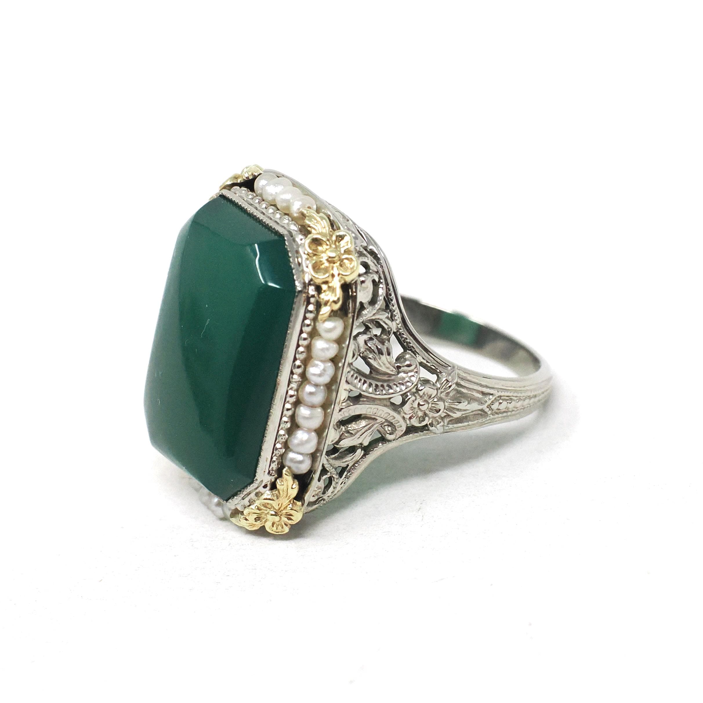 Art Deco Ring - Vintage 14k White Gold Dyed Green Chalcedony & Seed Pearl Halo - Circa 1930s Size 5.75 Two Tone Floral Filigree Fine Jewelry