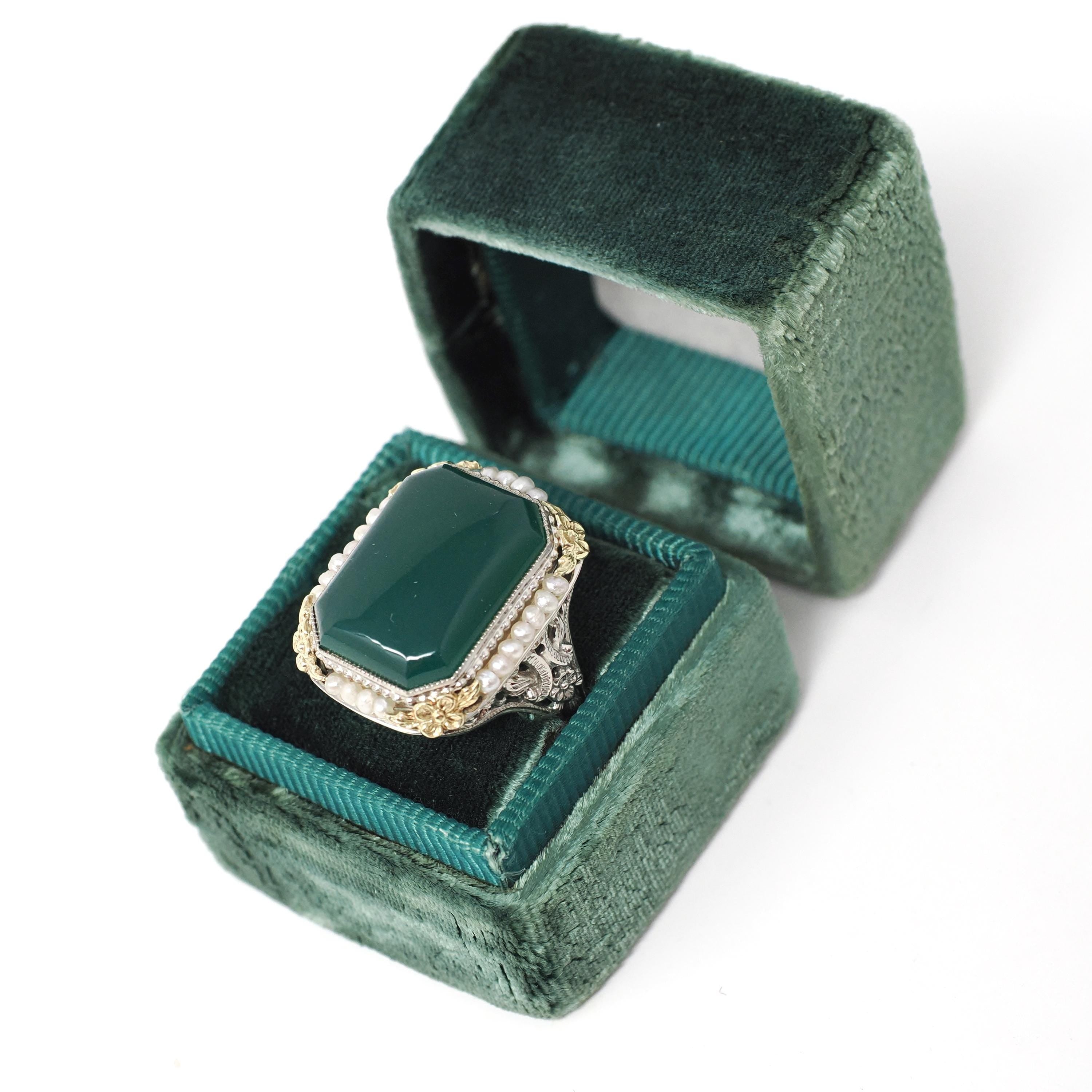 Art Deco Ring - Vintage 14k White Gold Dyed Green Chalcedony & Seed Pearl Halo - Circa 1930s Size 5.75 Two Tone Floral Filigree Fine Jewelry