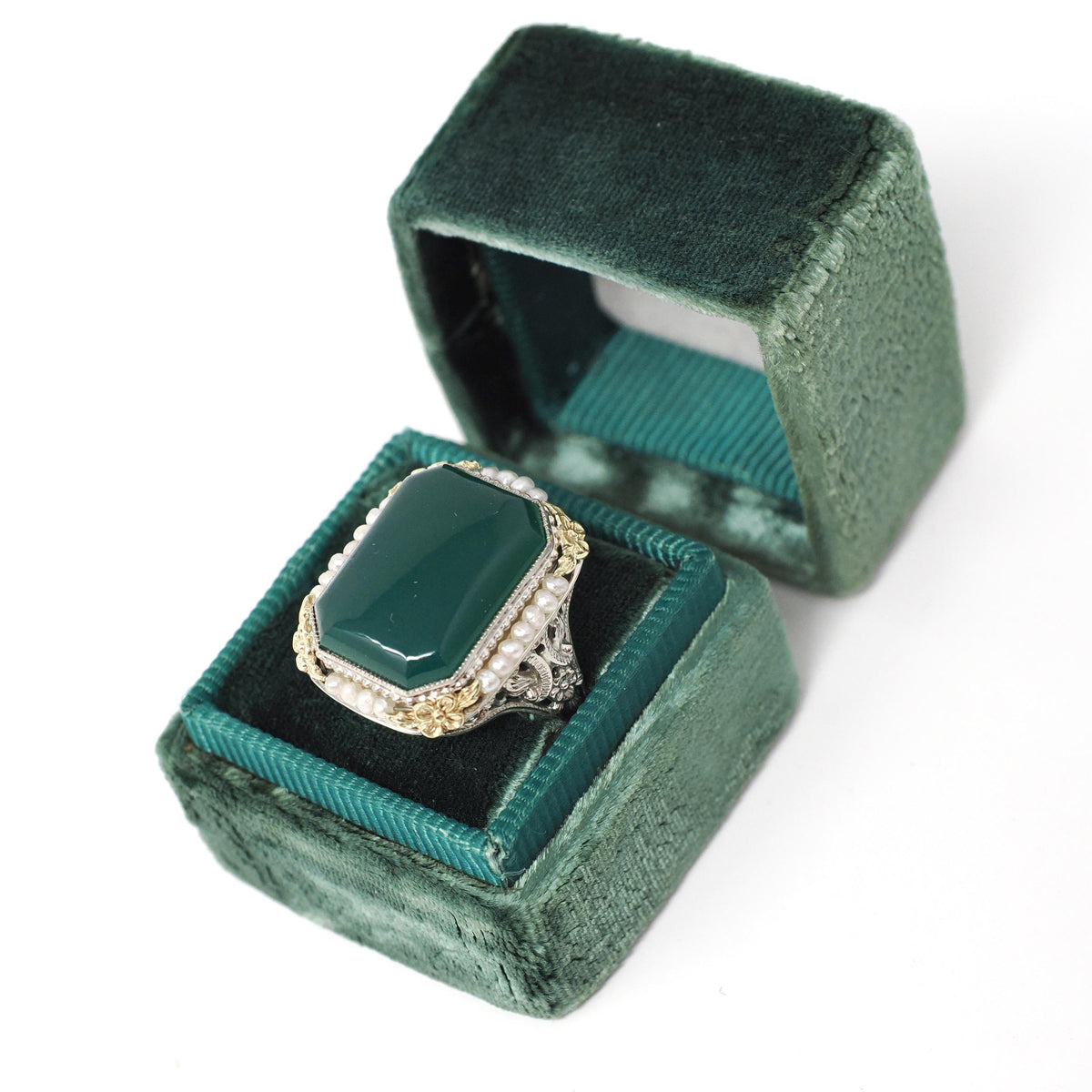 Art Deco Ring - Vintage 14k White Gold Dyed Green Chalcedony & Seed Pearl Halo - Circa 1930s Size 5.75 Two Tone Floral Filigree Fine Jewelry