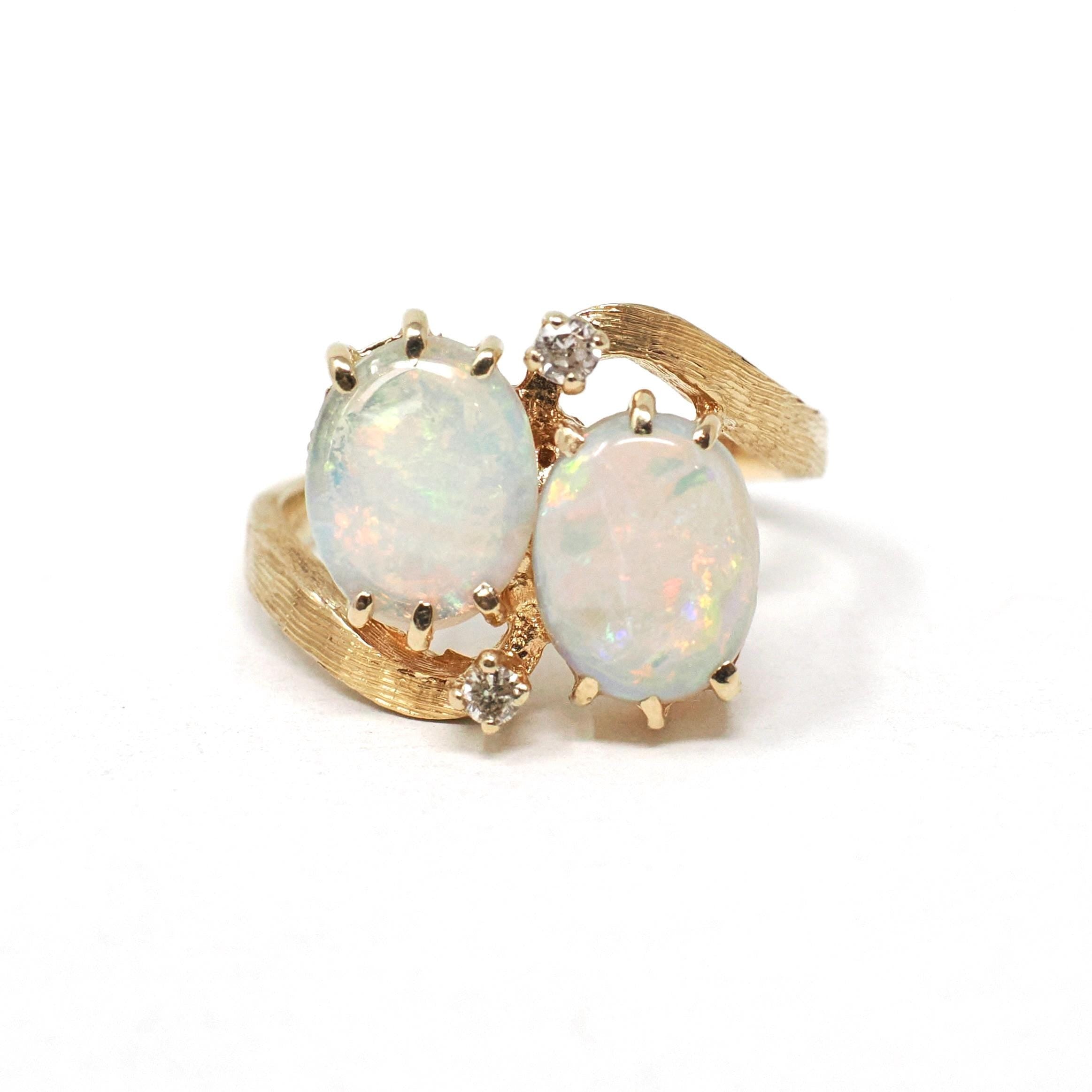 Opal & Diamond Ring - Retro 14k Yellow Gold Oval Cabochon Cut .06 CTW Diamond Bypass - Vintage Circa 1970s Size 6 Fine Toi Et Moi Jewelry