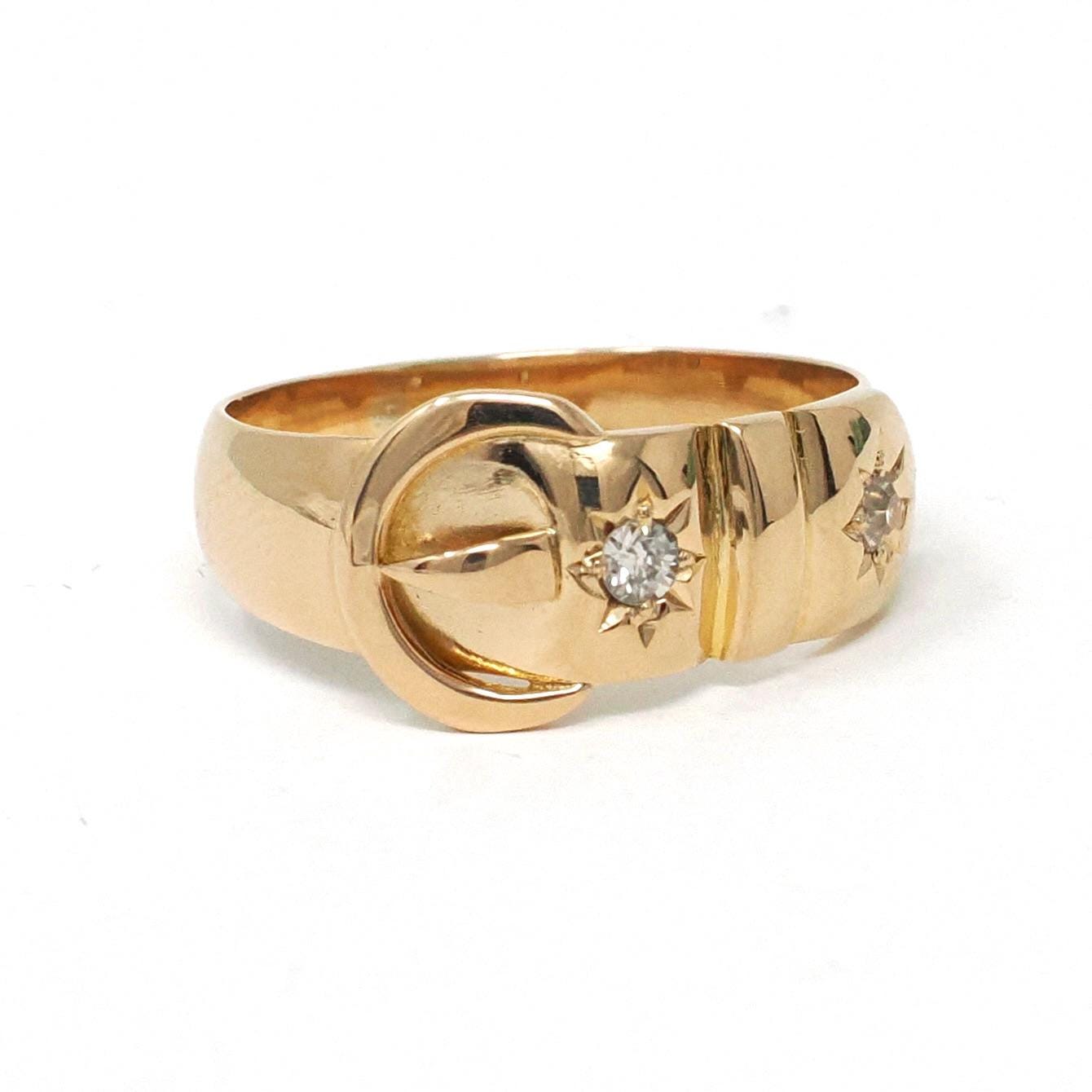 Celestial Buckle Ring - Antique 18k Yellow Gold Natural Star Incised Diamond Band - Circa 1800s Victorian Era Size 7 3/4 Fine Bridal Jewelry