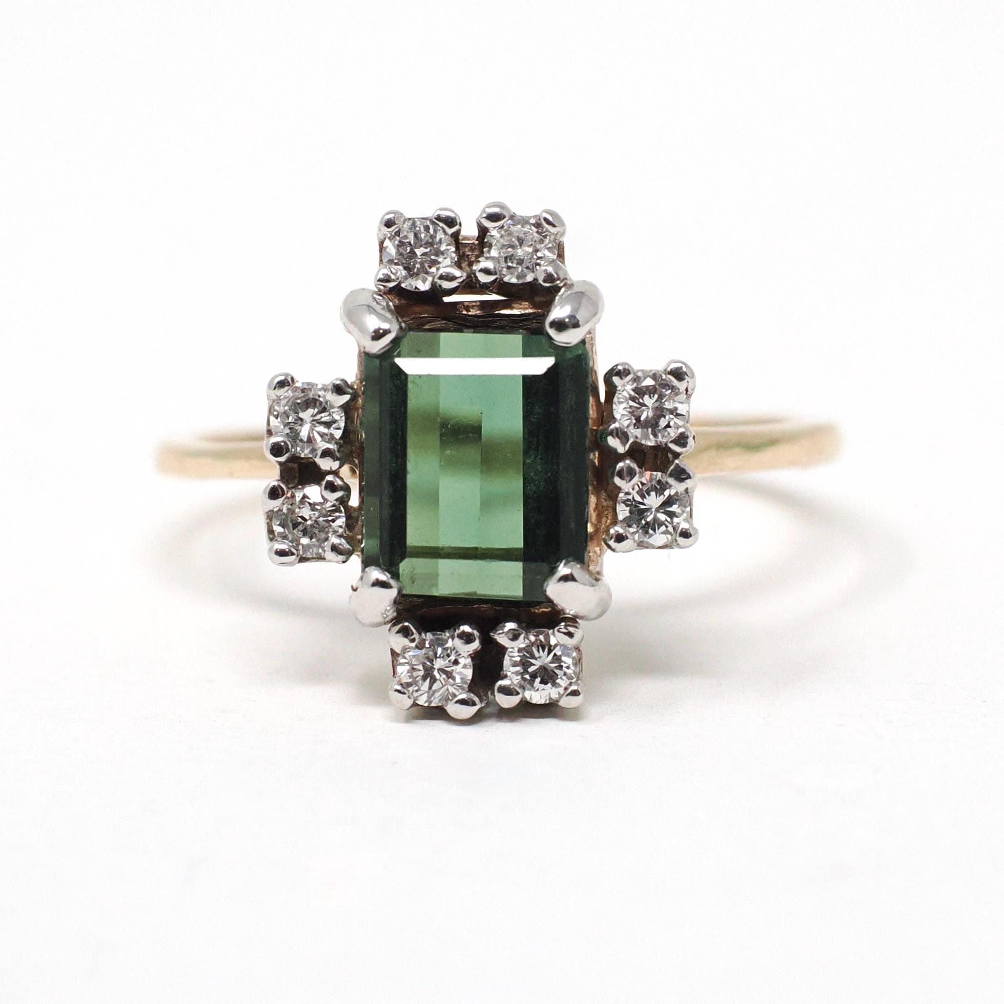 Tourmaline & Diamond Ring - Modern Era 14k Yellow Gold Natural Emerald Cut Green Gem - Estate Size 5 Alternative Engagement Fine Jewelry