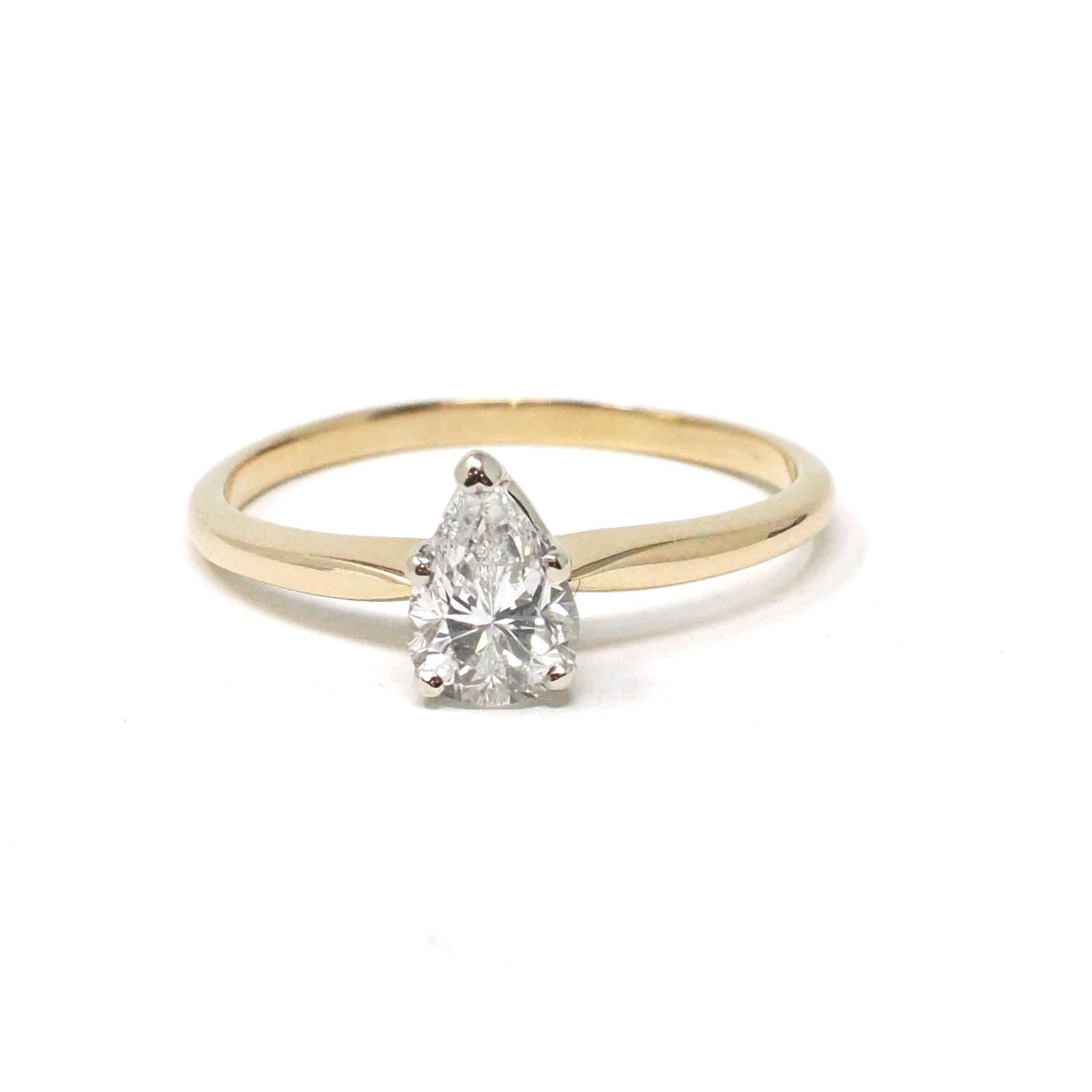 Diamond Engagement Ring - Estate 14k Yellow & White Gold 1.06 CT Pear Brilliant Cut Solitaire - Modern Size 8.5 Fine Two Tone Bridal Jewelry