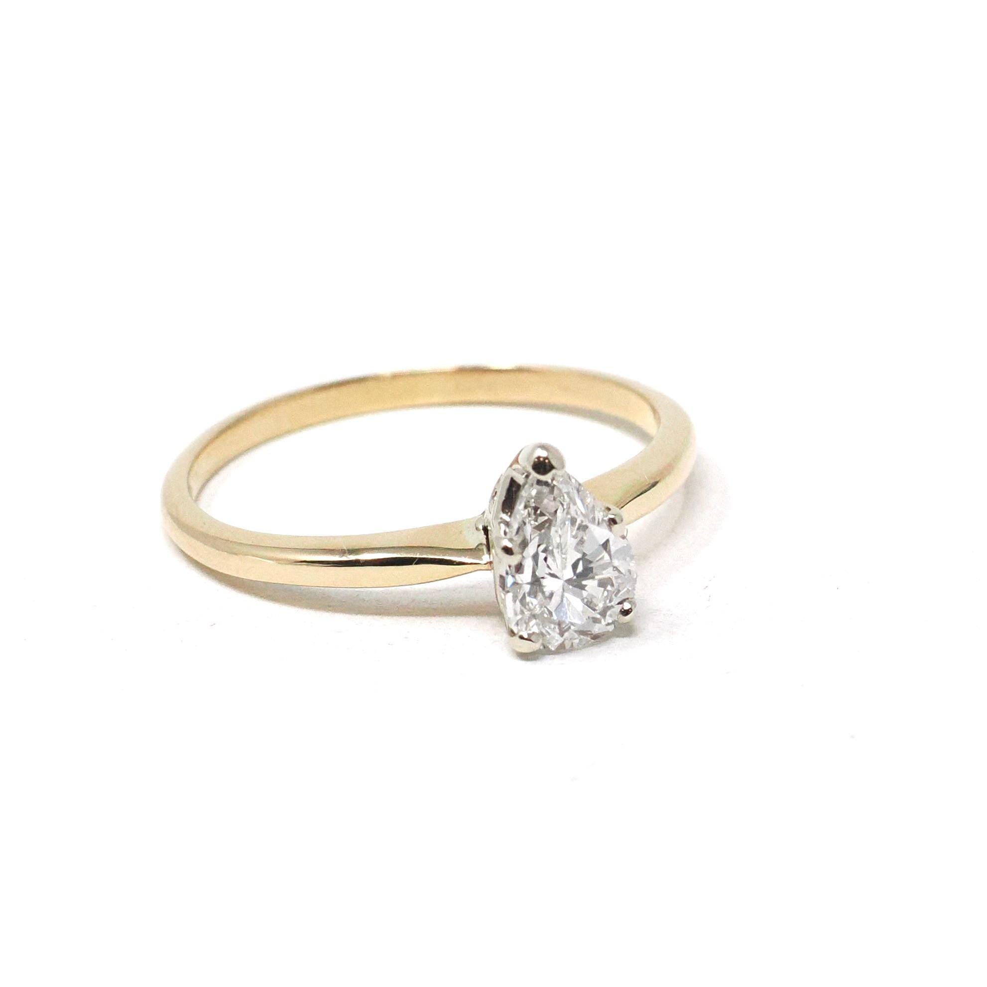 Diamond Engagement Ring - Estate 14k Yellow & White Gold 1.06 CT Pear Brilliant Cut Solitaire - Modern Size 8.5 Fine Two Tone Bridal Jewelry