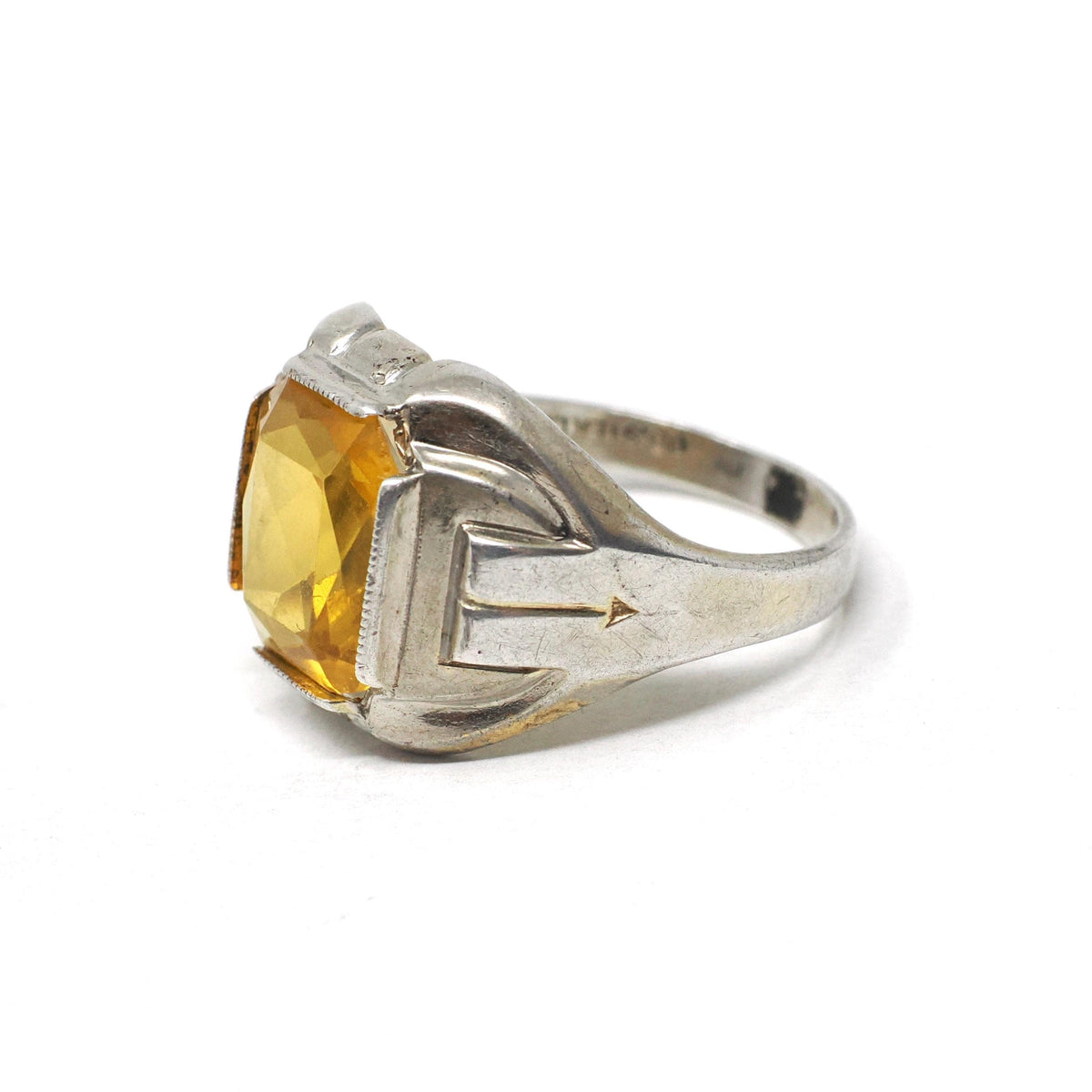 Simulated Yellow Sapphire Ring - Mid Century Sterling Silver Glass Stone Signet - Circa 1940s Era Size 10 1/4 Statement OB Fashion Jewelry