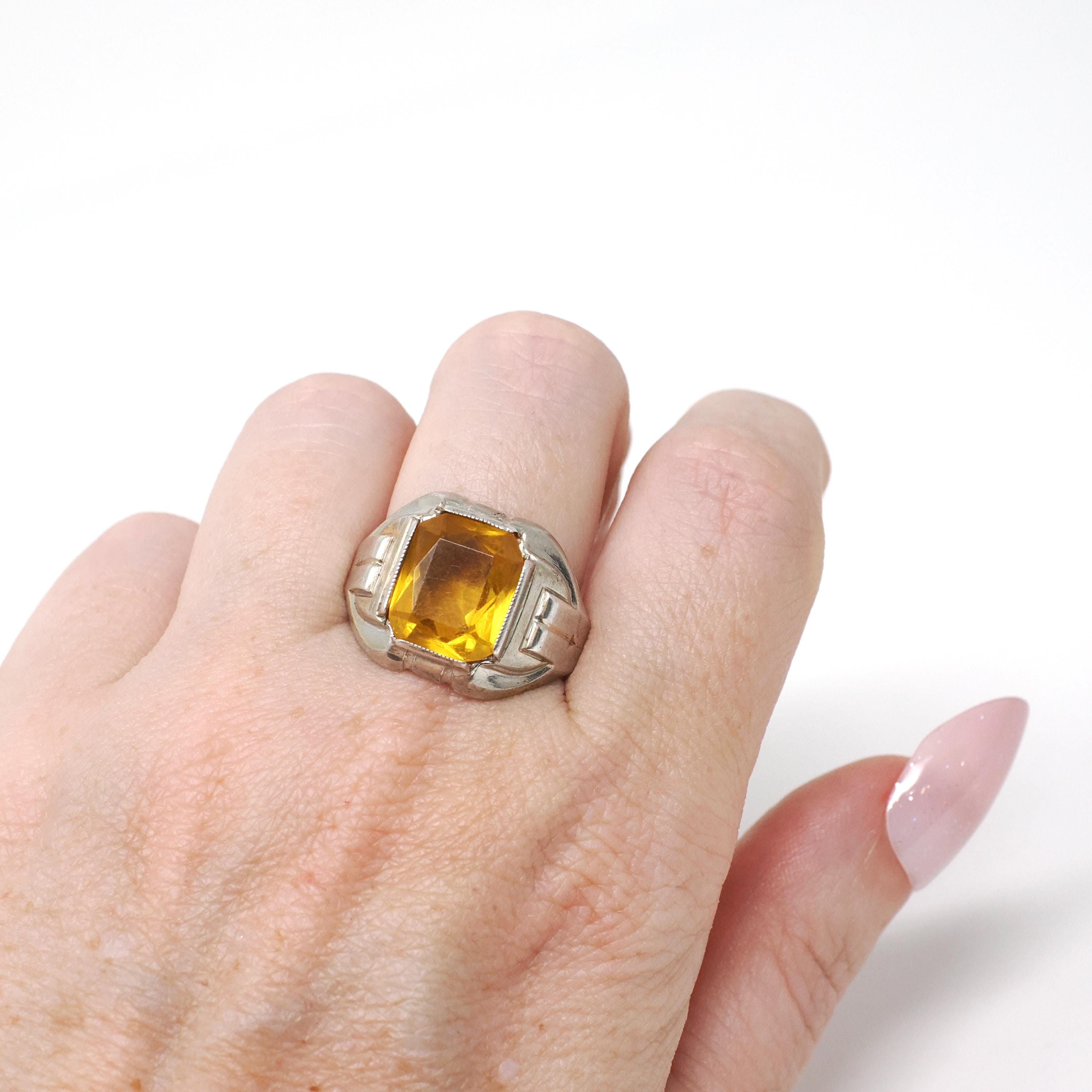 Simulated Yellow Sapphire Ring - Mid Century Sterling Silver Glass Stone Signet - Circa 1940s Era Size 10 1/4 Statement OB Fashion Jewelry