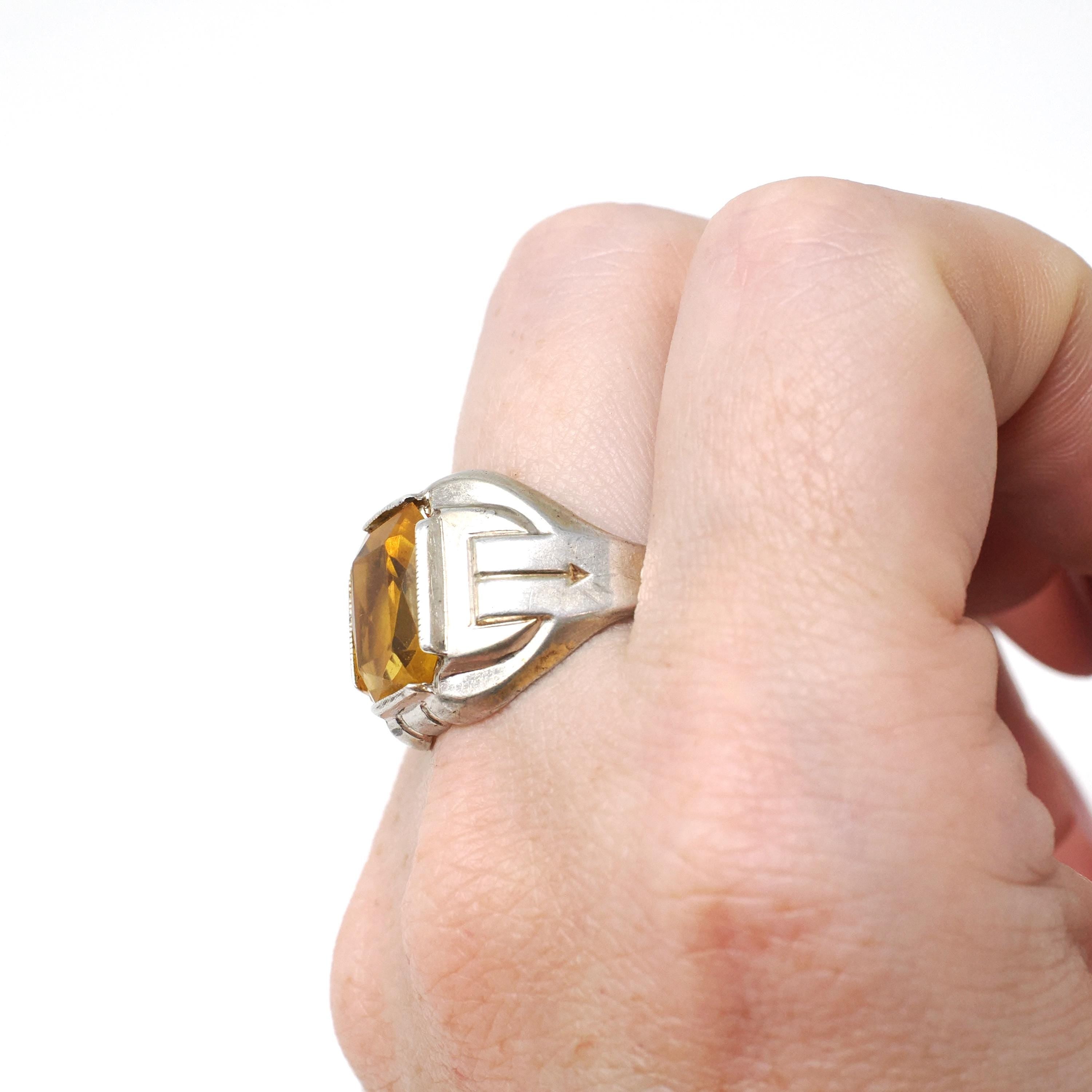 Simulated Yellow Sapphire Ring - Mid Century Sterling Silver Glass Stone Signet - Circa 1940s Era Size 10 1/4 Statement OB Fashion Jewelry