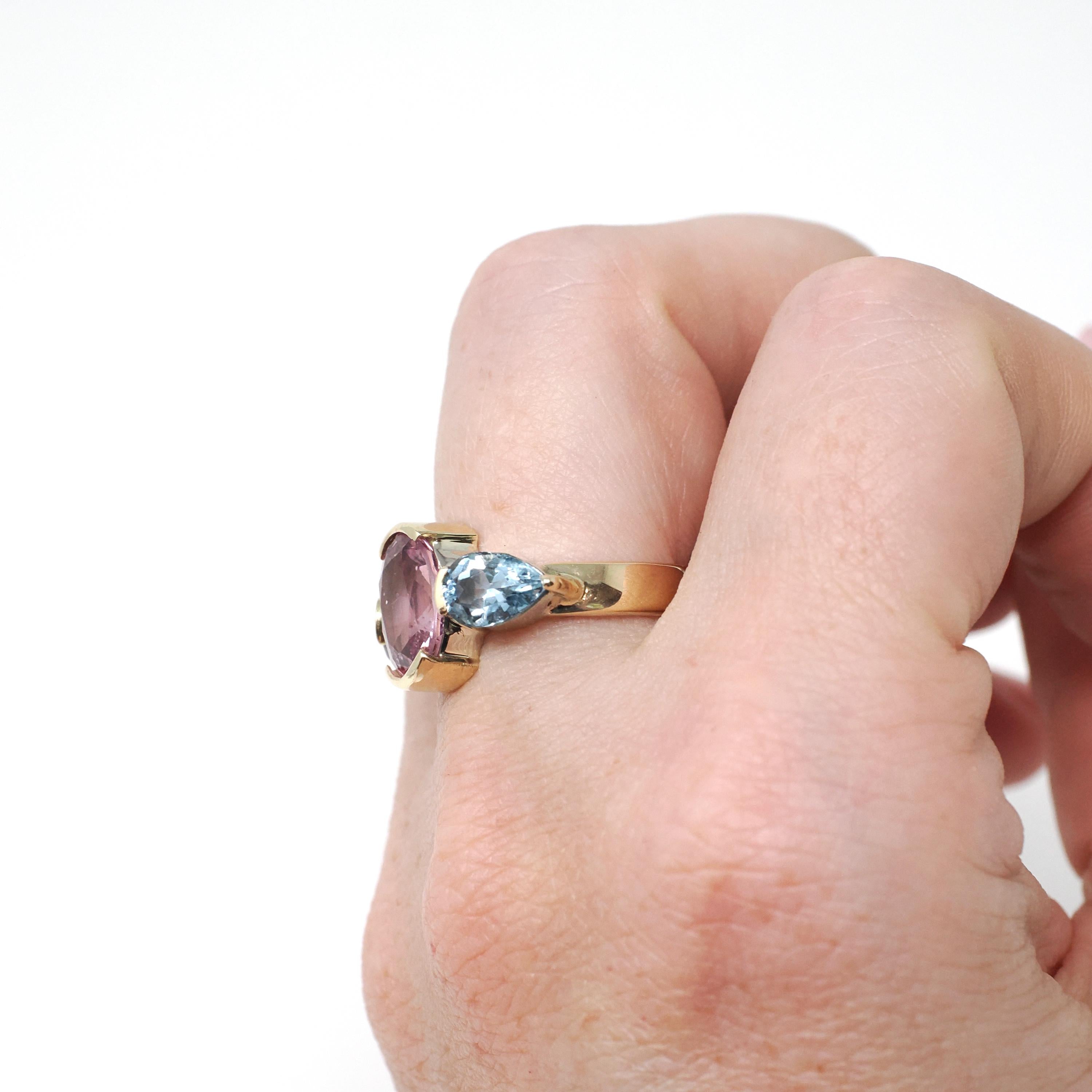 Pink Spinel & Aquamarine Ring - Estate 14k Yellow Gold Gemstone Band - Modern Circa 2000's Era Size 6 1/2 Three Stone Fine Statement Jewelry