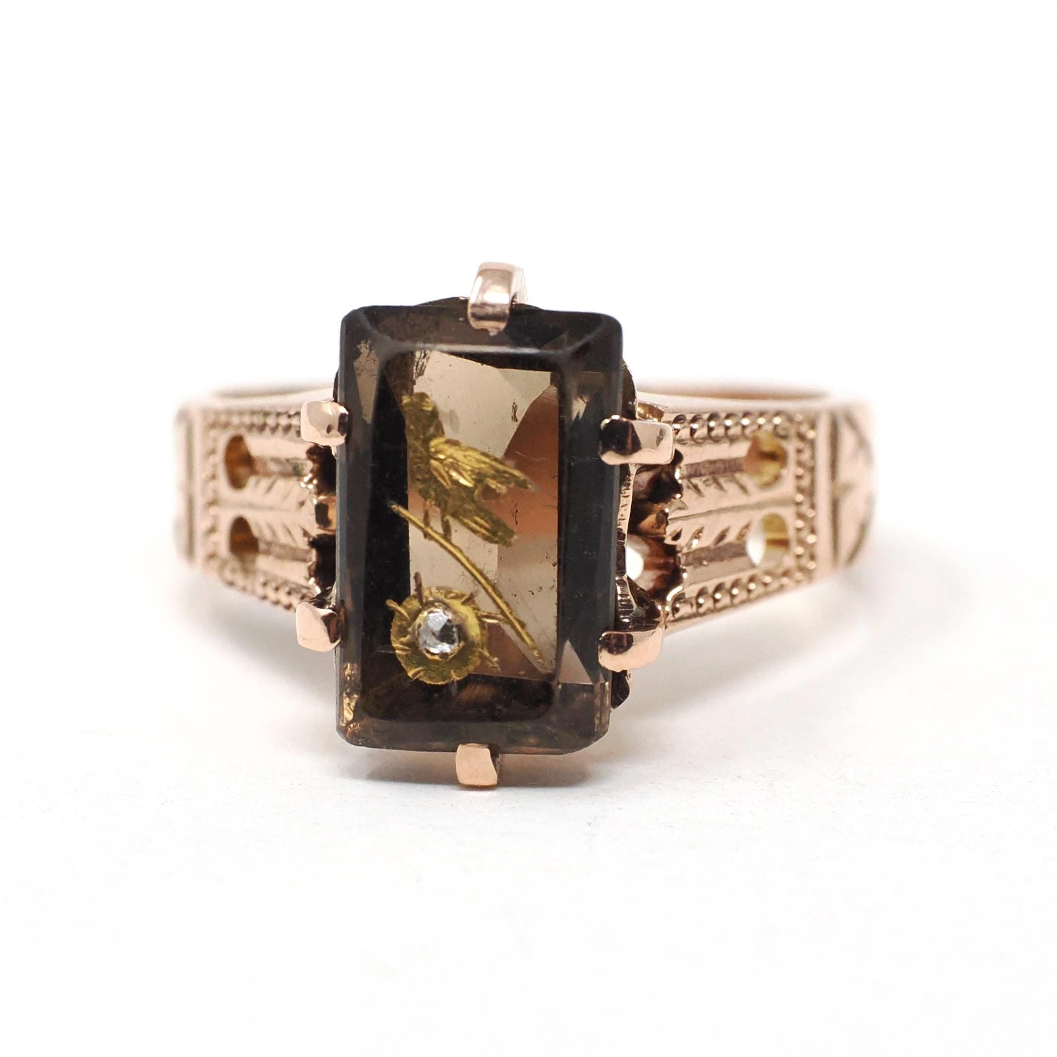 Antique Bird Ring - Victorian 10k Rose Gold Natural Smoky Quartz Gemstone Statement - Circa 1890s Era Size 3 1/2 Dainty Diamond Fine Jewelry
