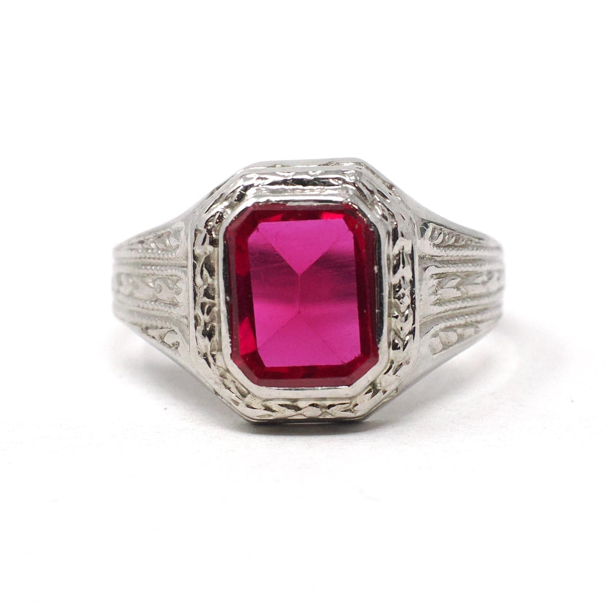 Art Deco Ring - Vintage 10k White Gold Bezel Set Created Red Ruby Gemstone - Circa 1930s Size 5 3/4 July Birthstone Fine Statement Jewelry