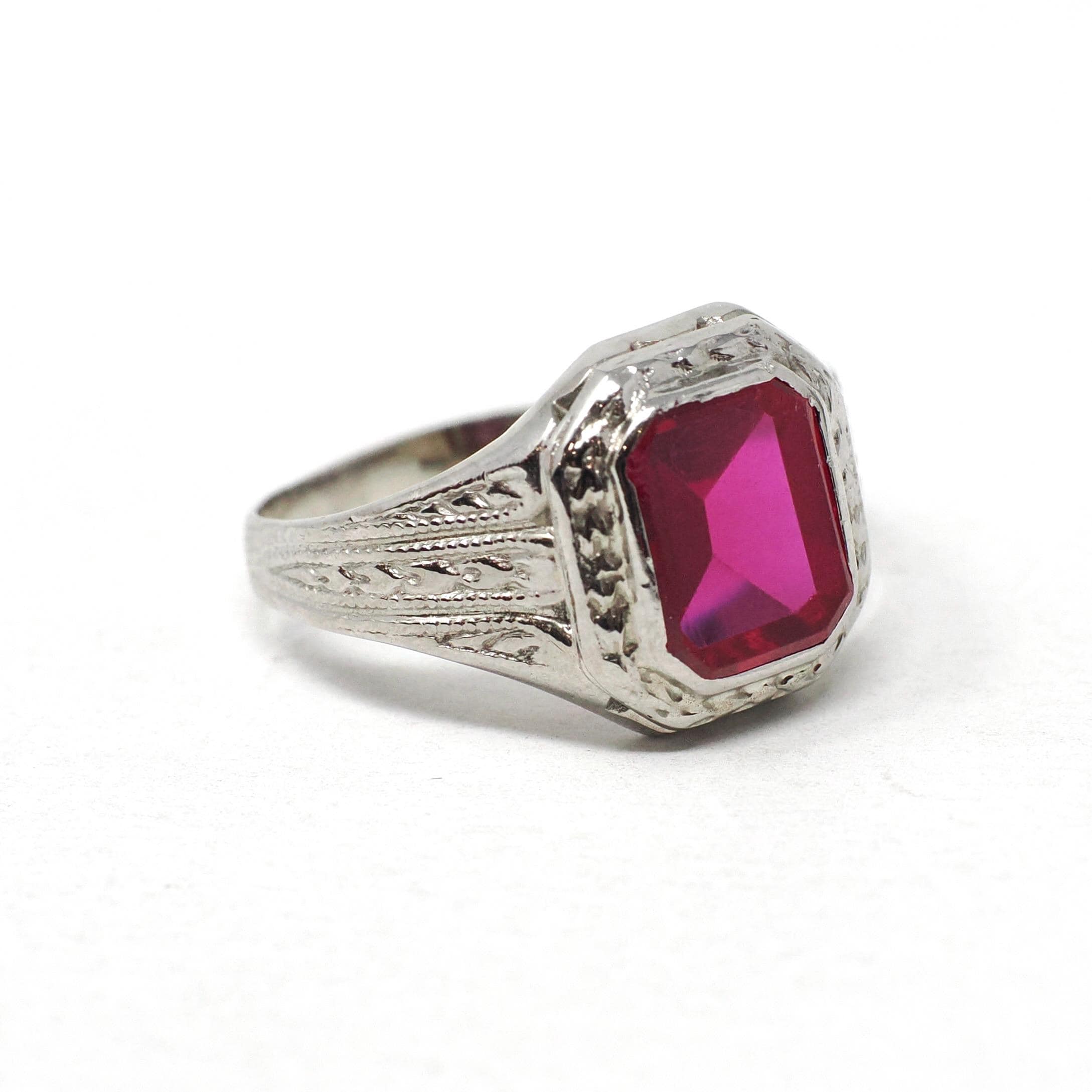 Art Deco Ring - Vintage 10k White Gold Bezel Set Created Red Ruby Gemstone - Circa 1930s Size 5 3/4 July Birthstone Fine Statement Jewelry